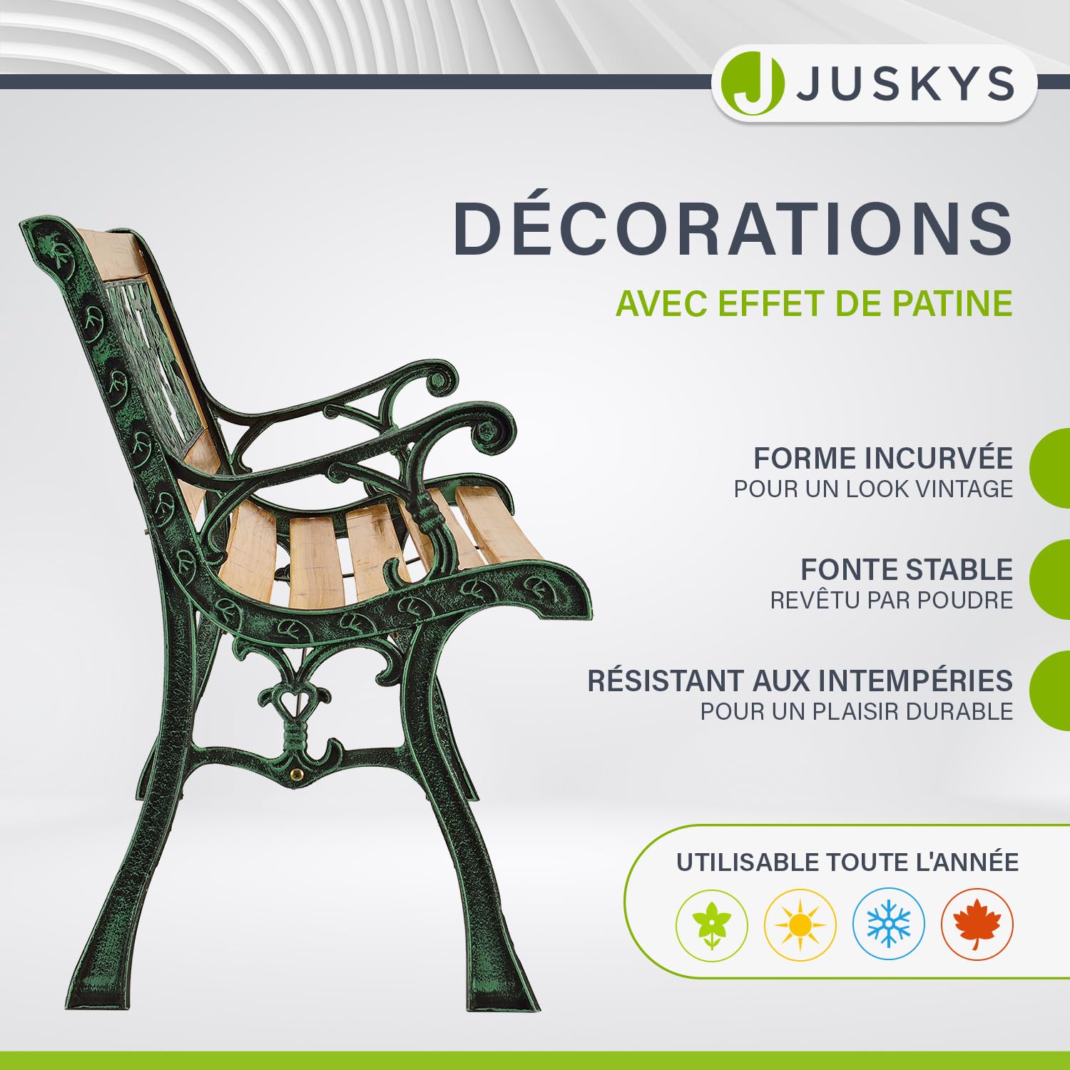 Juskys Banc de Jardin - Banc en Bois 2 Places avec accoudoirs & Dossier - Banc résistant aux intempéries 122x54x73 cm - éléments latéraux en Fonte- Naturel, Modèle Venezia