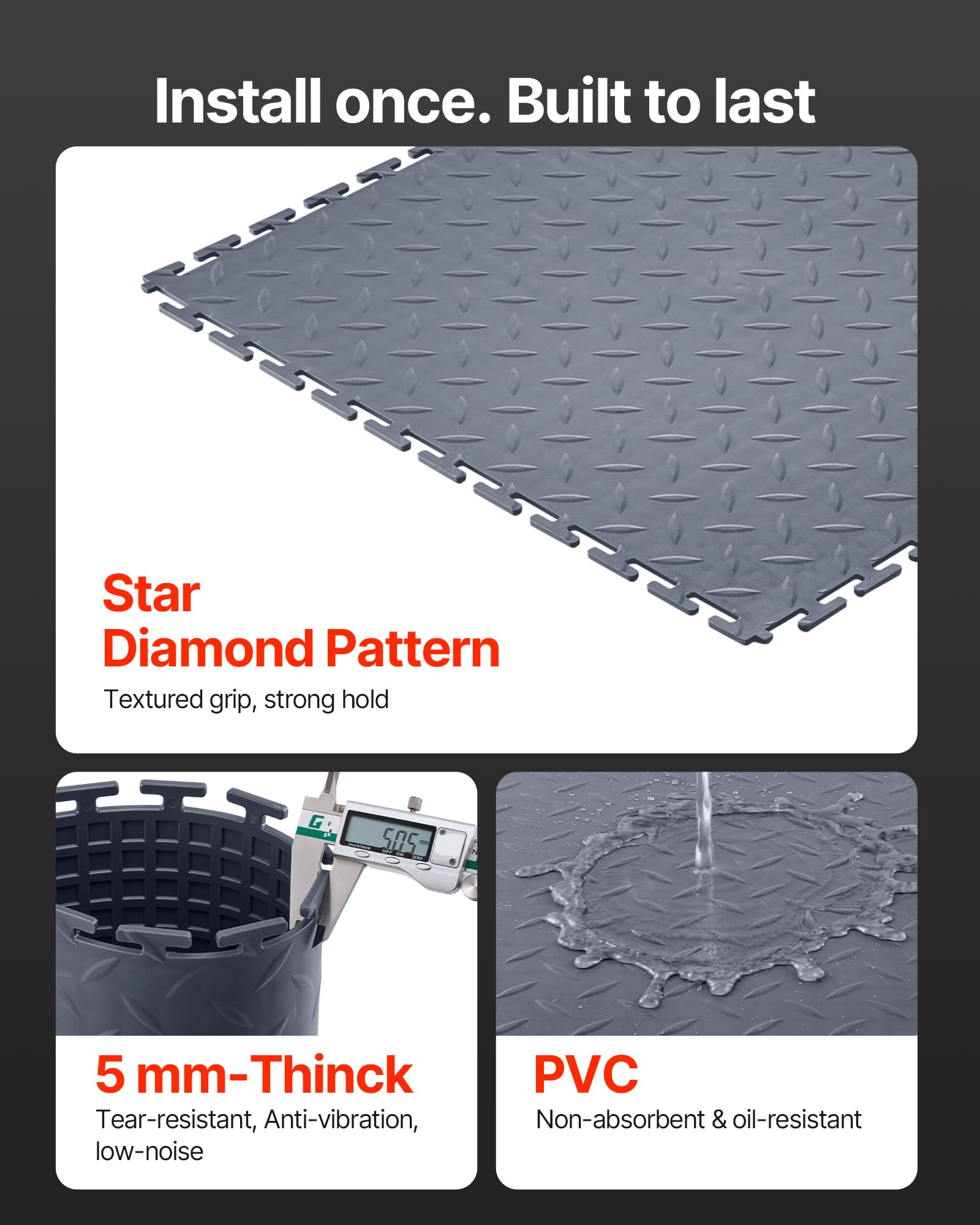 VEVOR Płytki garażowe, zestaw 8 sztuk, modułowe wykładziny garażowe 513 x 513 x 5 mm, maty antypoślizgowe z PCW, do garażu, warsztatu, magazynu, pomieszczeń narzędziowych, grafitowo-szary