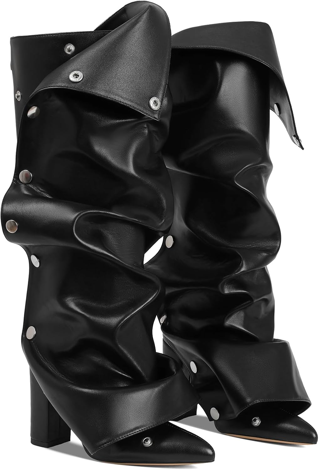 AOSPHIRAYLIAN Fold Over Boots for Women Knee High Calf Boots Pointed Toe Tall Leather Chunky Heel Fashion Dress Womens Shoes