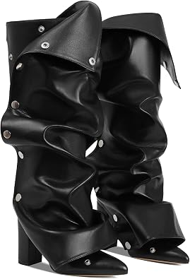 AOSPHIRAYLIAN Fold Over Boots for Women Knee High Calf Boots Pointed Toe Tall Leather Chunky Heel Fashion Dress Womens Shoes