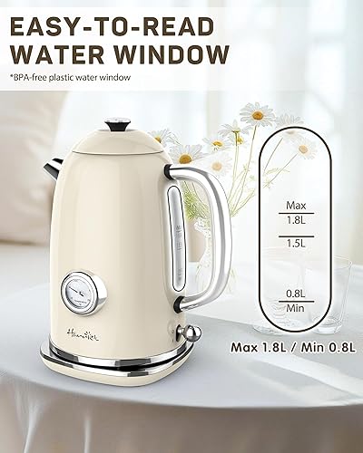 Miniatura 7 de Harriet Hervidor eléctrico, 1.8L Retro Hervidor de té eléctrico con termómetro, hervidor de agua caliente de acero inoxidable de 1500 W con Beige
