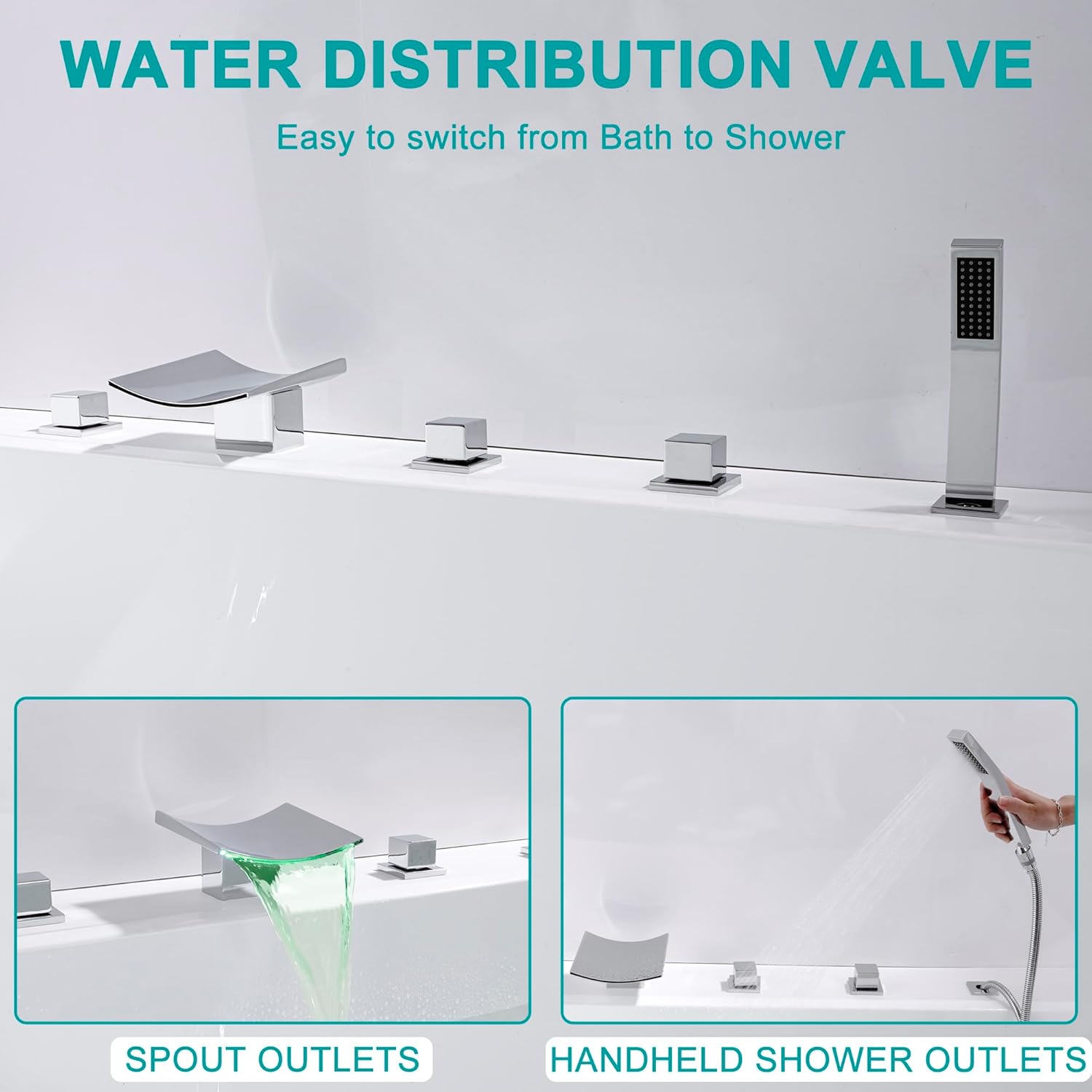 SKOWLL Bathtub Waterfall Faucet Set Widespread Roman Tub Faucet with Sprayer, Deck Mount Bathtub Faucet Set 3 Handle Tub, LED Waterfall Spout 5 Hole Set, Polished Chrome