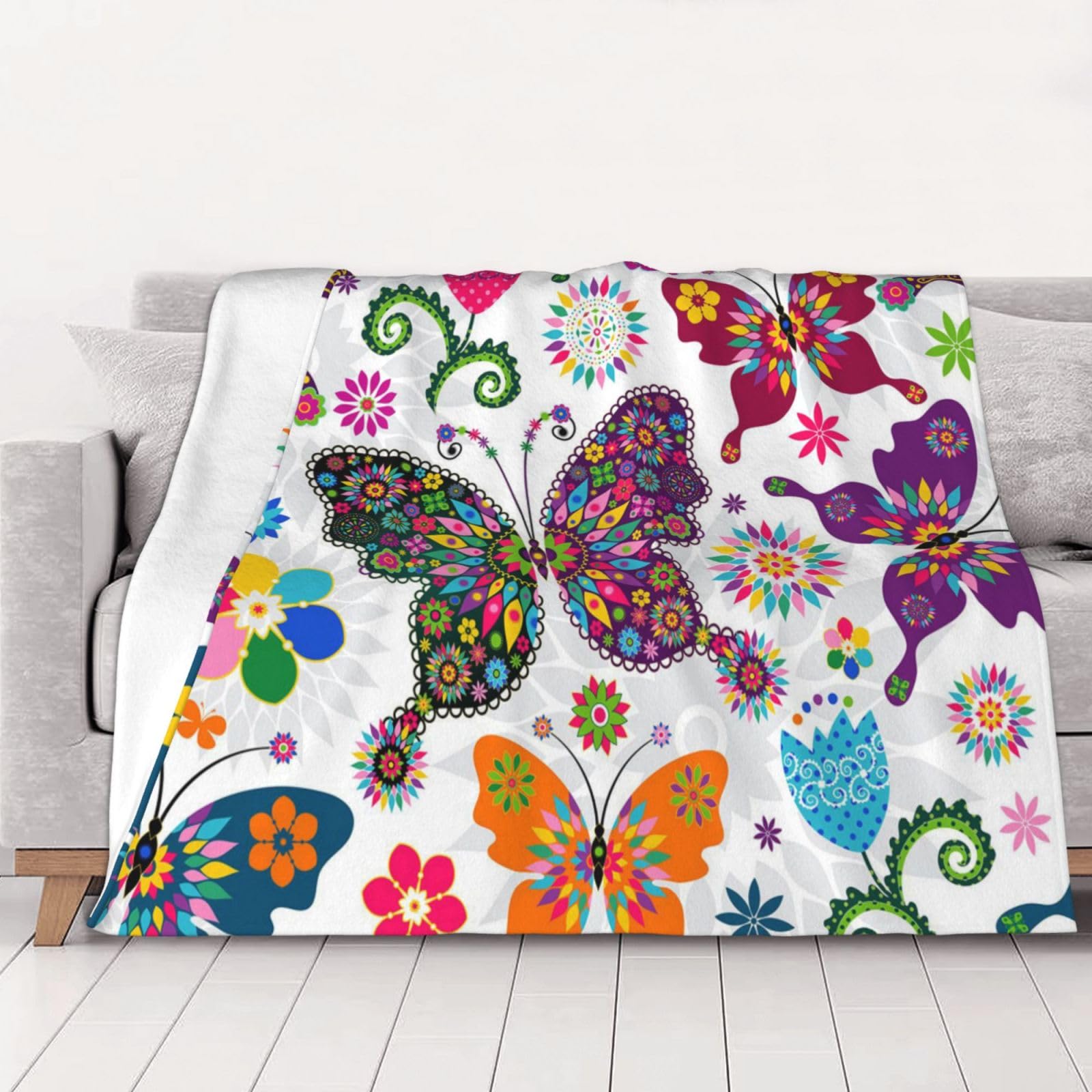 Couverture en flanelle papillons et fleurs plaid chaud lit canapé 150x125 cm