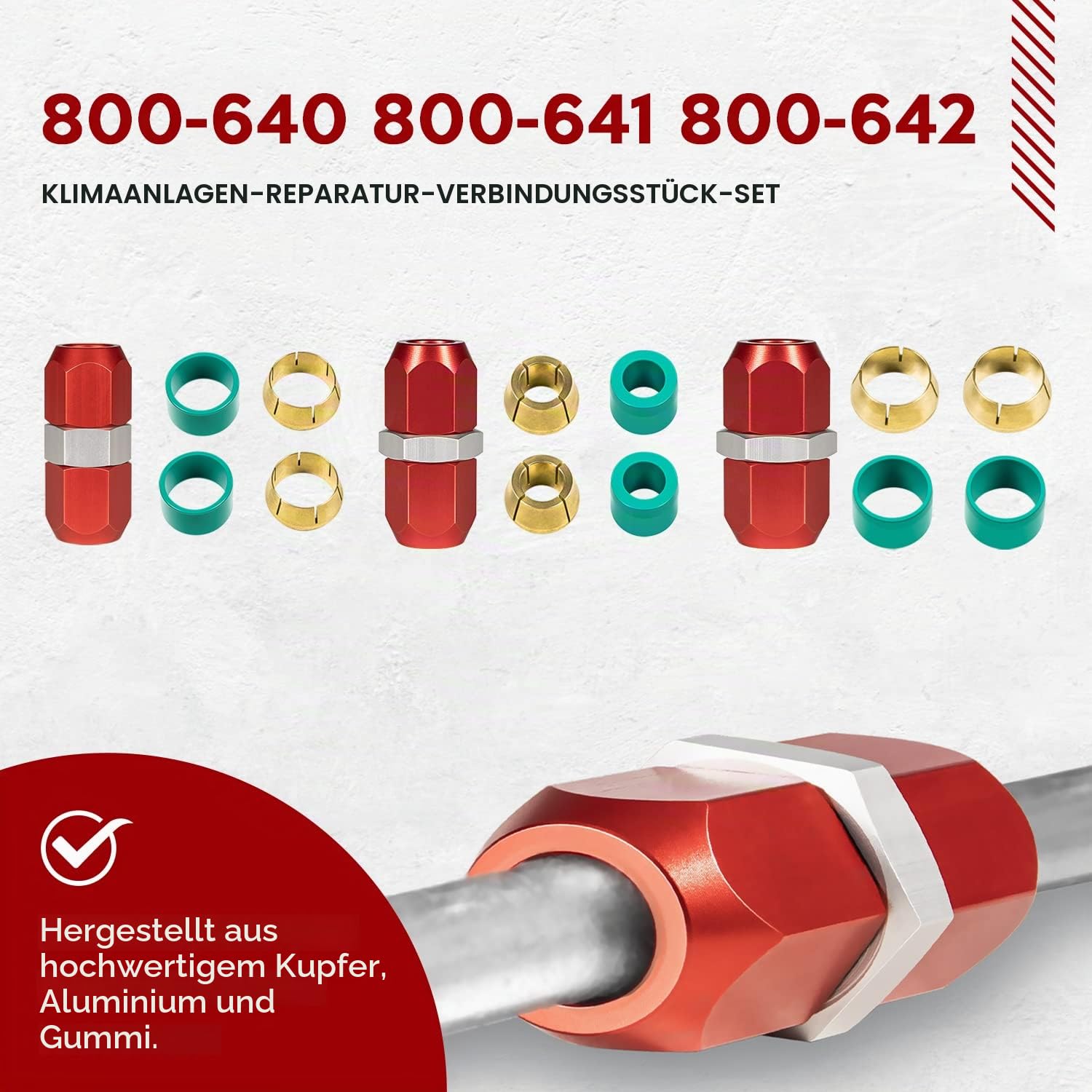 Ersatz für 800-640, 800-641, 800-642, Klimaanlagen-Reparatur-Spleißverbinder-Set passt für 5/8 Zoll 3/8 Zoll 1/2 Zoll Aluminiumleitungen, universelle Passform für Leitung zu Leitung Reparatur