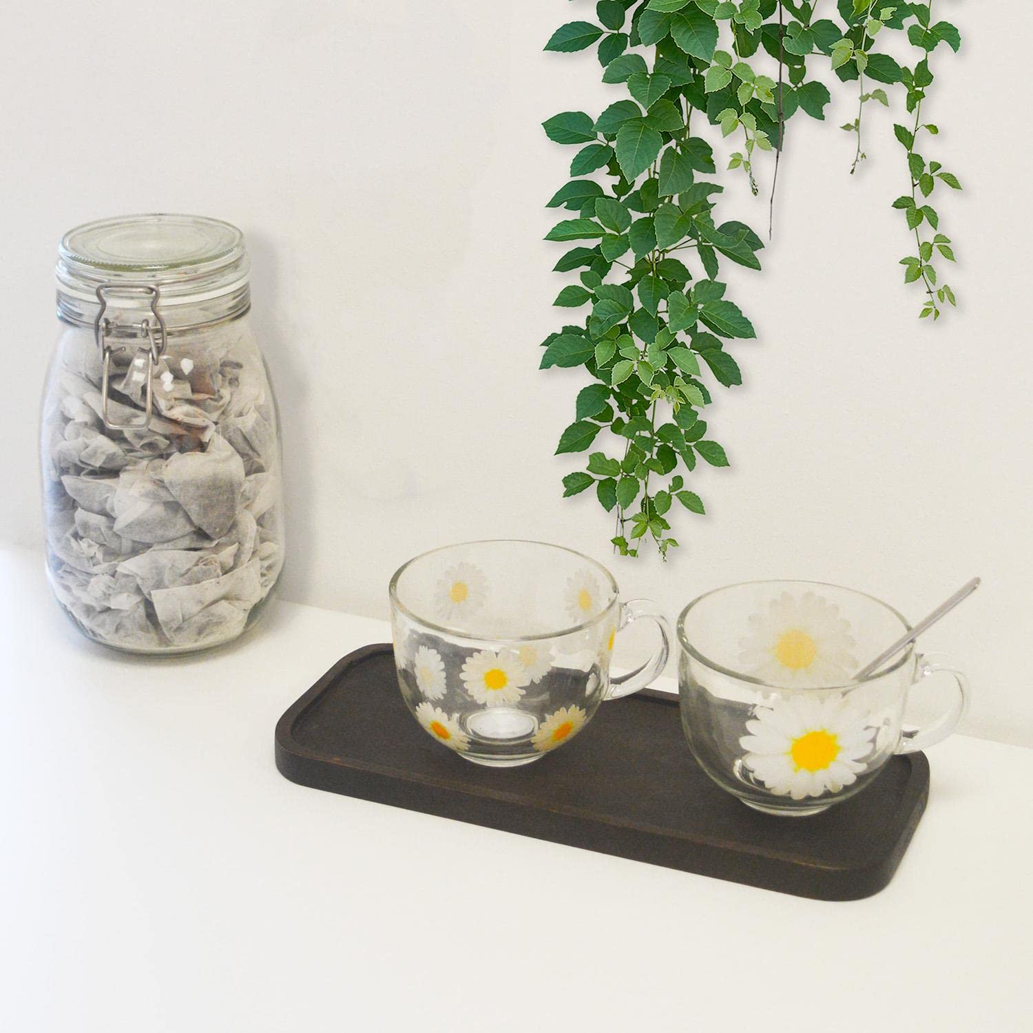 YöL Set of 4 Mugs Daisy Flower Clear Glass Coffee Mug Tea Cups Latte Glasses Hot Chocolate Kitchen Office