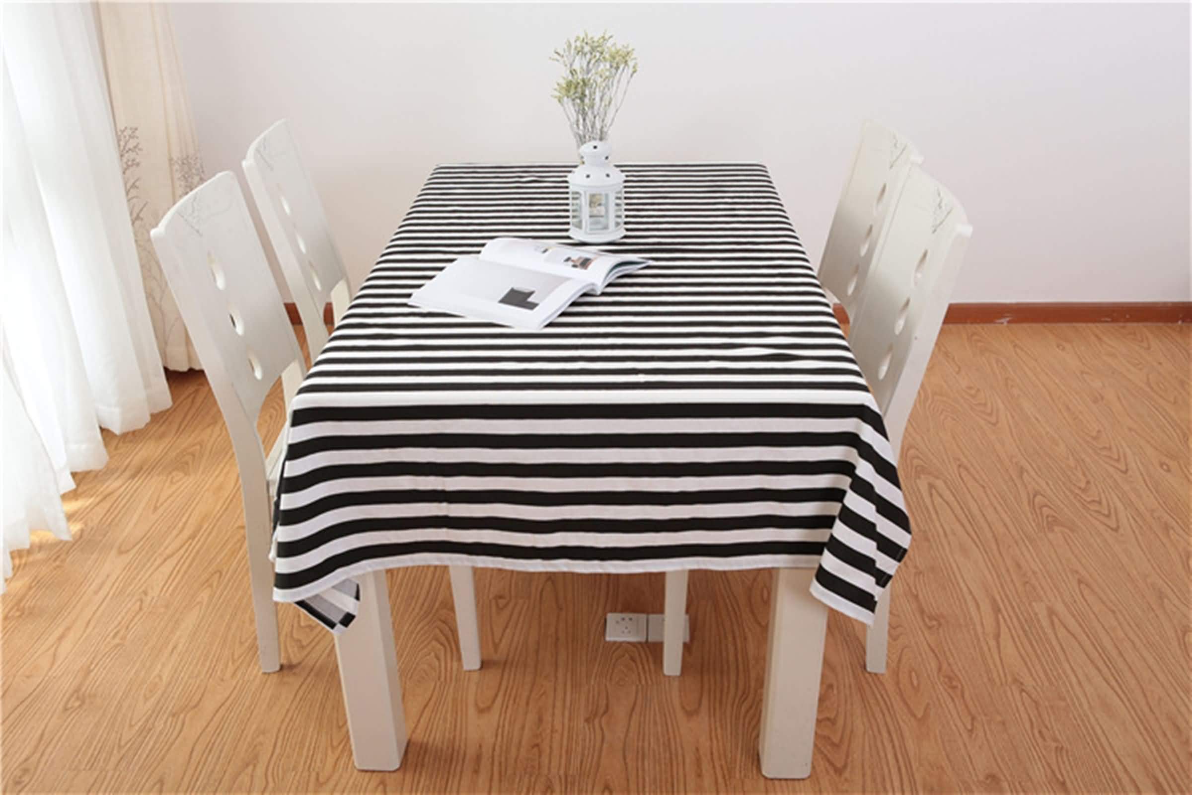 Mantel Mesa Rectangular Negro Blanco, Rayas, de Algodón Lavable, 100 x 160 cm, Mantel para Comedor