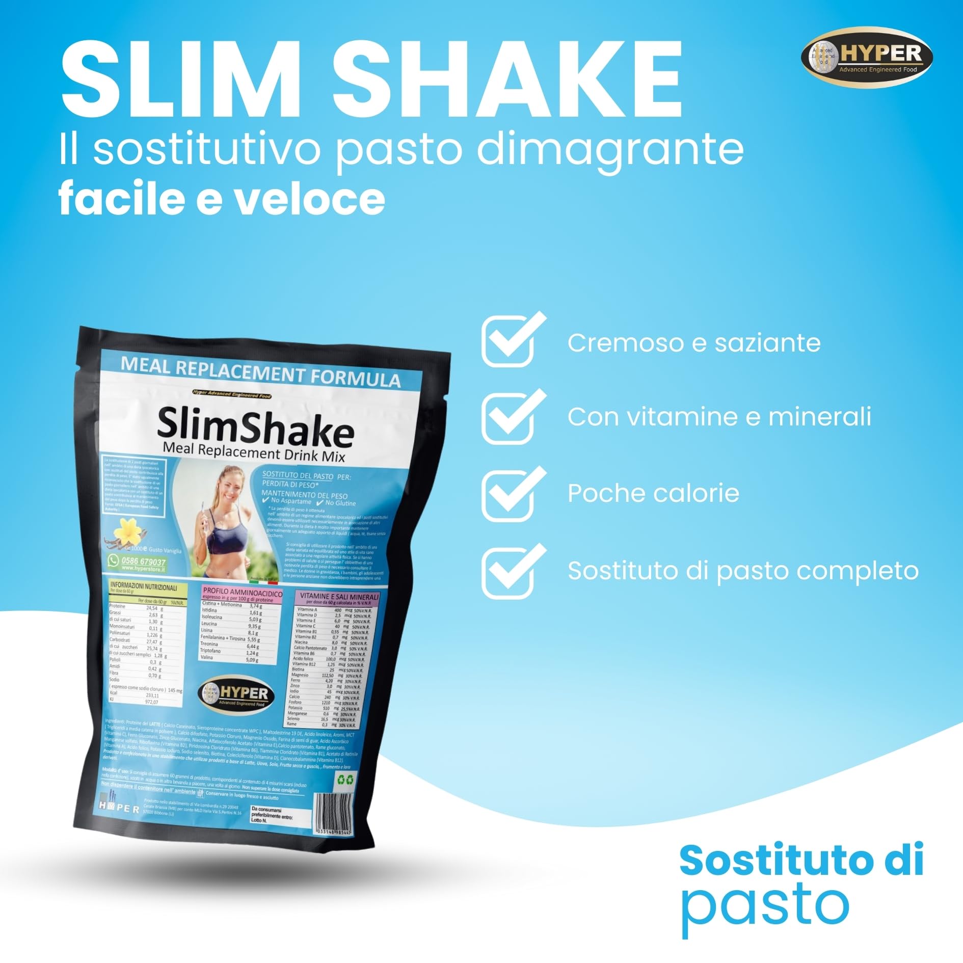 Hyper Slim Shake - Sostituto Pasto Dimagrante gr 1000 Gusto Vaniglia - Pasto Sostitutivo Dimagrante per Frullati e Shakes Proteici Ideale per Perdita e Controllo del Peso Forma. Made in Italy