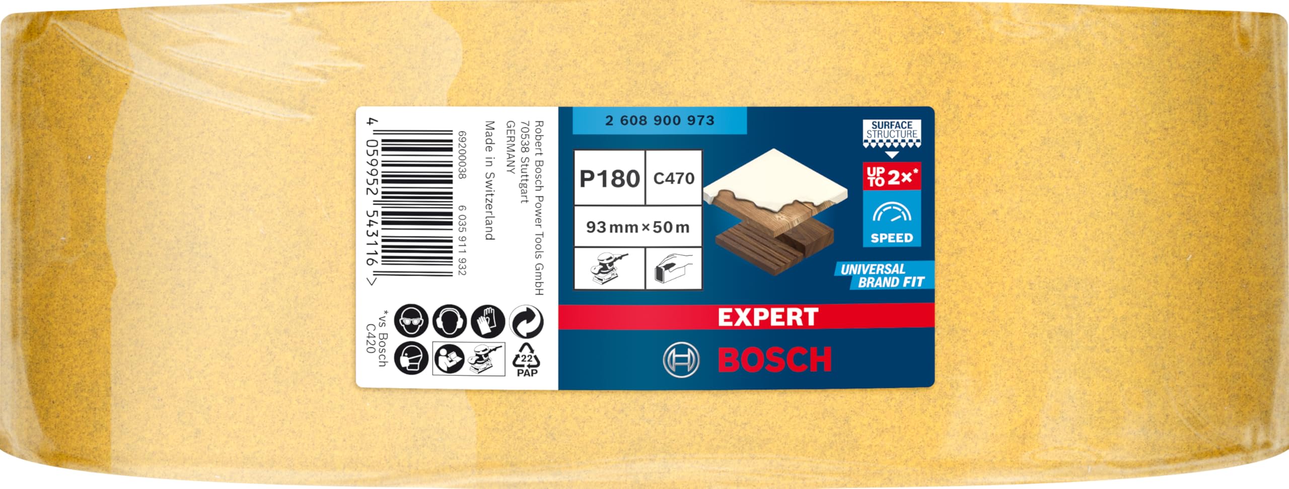 Bosch 1x Rouleaux de feuilles abrasives EXPERT C470 pour un ponçage manuel (pour Peinture sur bois, Bois dur, 93 mm x 50 m, Grain 180, Professional Accessoire Ponçage manuel)