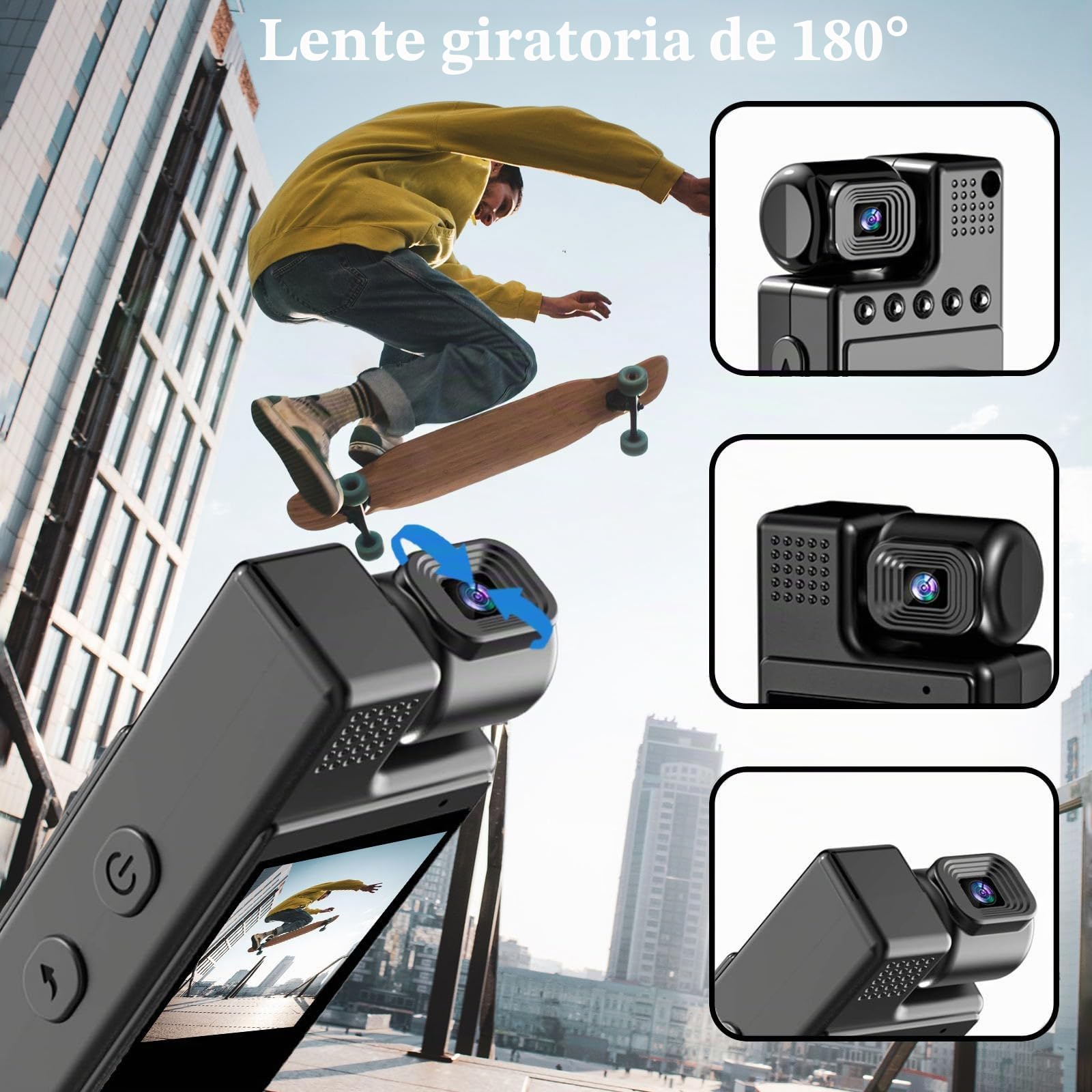 Cámara 4K UHD con grabación de audio y video Lente giratoria de 180° Cámara con 6 horas de duración de la batería con pantalla TFT de 1,3 pulgadas Detección de movimiento