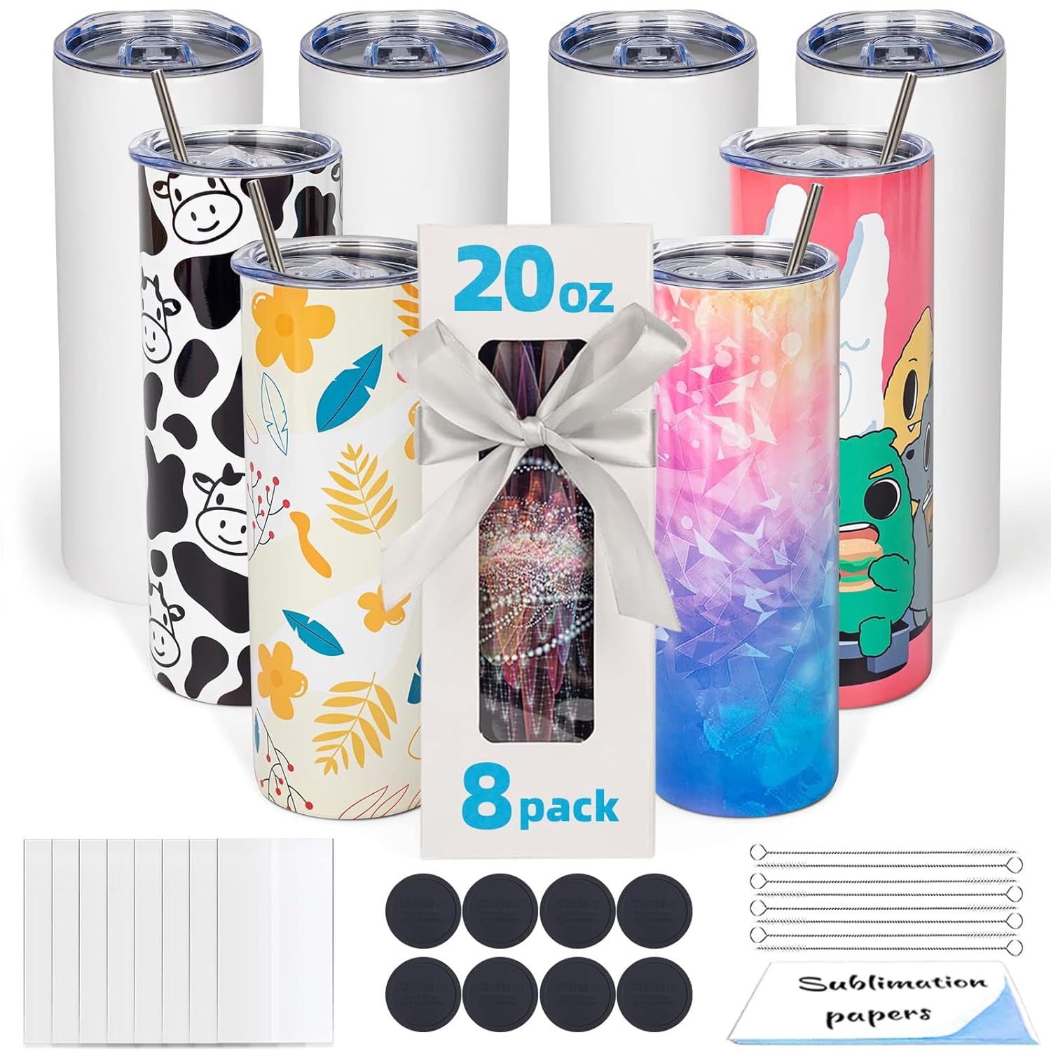 UIRZOTN 8 Pack 20oz Sublimation Tumbler Blanks Skinny Straight in Bulk Stainless Steel Insulated Sublimation Tumbler with Polymer