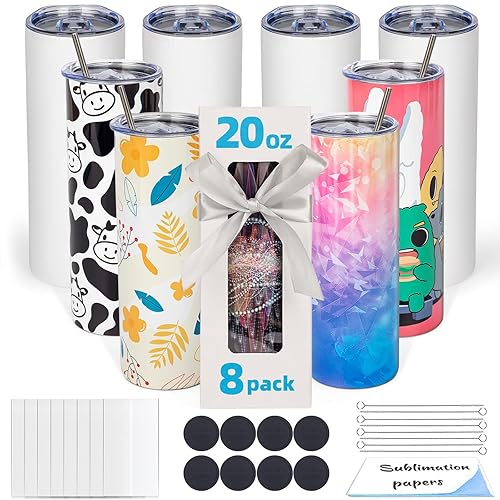 UIRZOTN 8 Pack 20oz Sublimation Tumbler Blanks Skinny Straight in Bulk, Stainless Steel Insulated Sublimation Tumbler with Polymer Coating for Heat Transfer, With Lid, Straw, ribbon, Gift box - 1-8 Pack