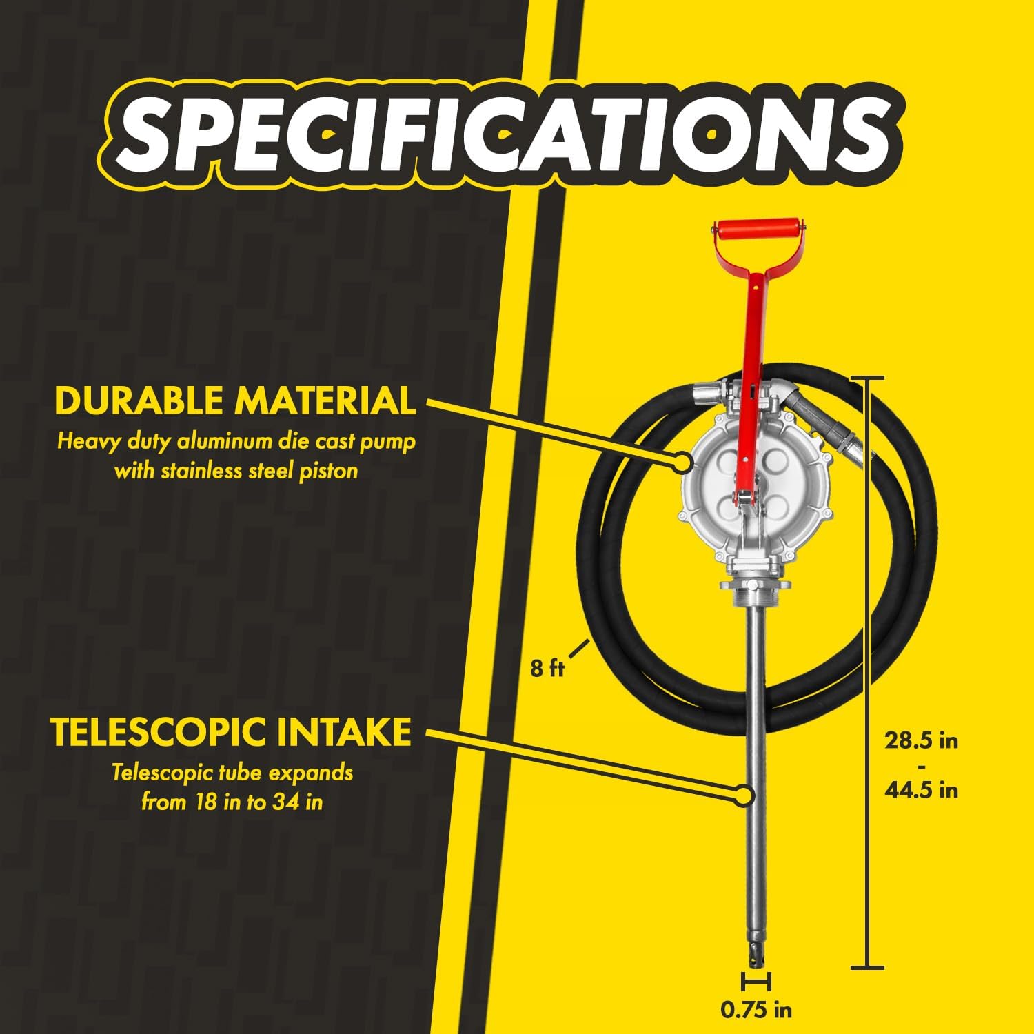 Manual Double Diaphragm Piston Drum Hand Pump For 15-55 Gallon Drums - Dispenses Up To 1 Gallon per 5 Strokes - For Gasoline, Diesel, Fuel Oil, Motor Oil, and Other Light Petroleum Products