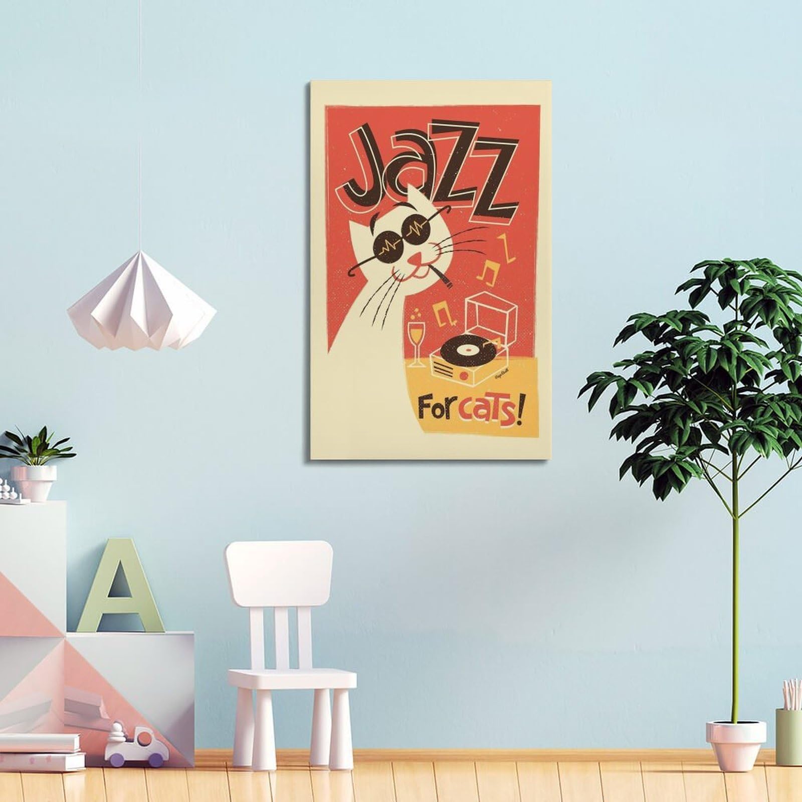 Kot jazzowy z płytą winylową retro plakat sztuka ścienna, kapryśny wystrój do salonu i gabinetu plakat dekoracyjny obraz płótno plakaty ścienne i artystyczny obraz druk nowoczesny rodzinny sypialnia