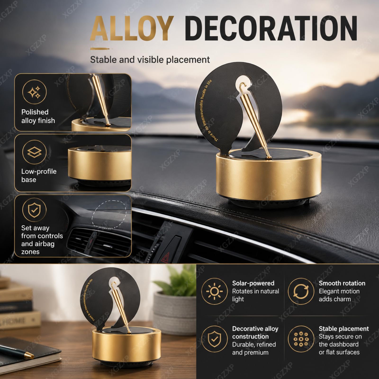 Deodorante per Auto, Diffusore Solare Rotante per Auto, 11 Cm × 11 Cm × 12 Cm, Accessorio Deodorante per Auto in Lega Senza Batterie, Rotazione Automatica, per Ufficio E Casa Black