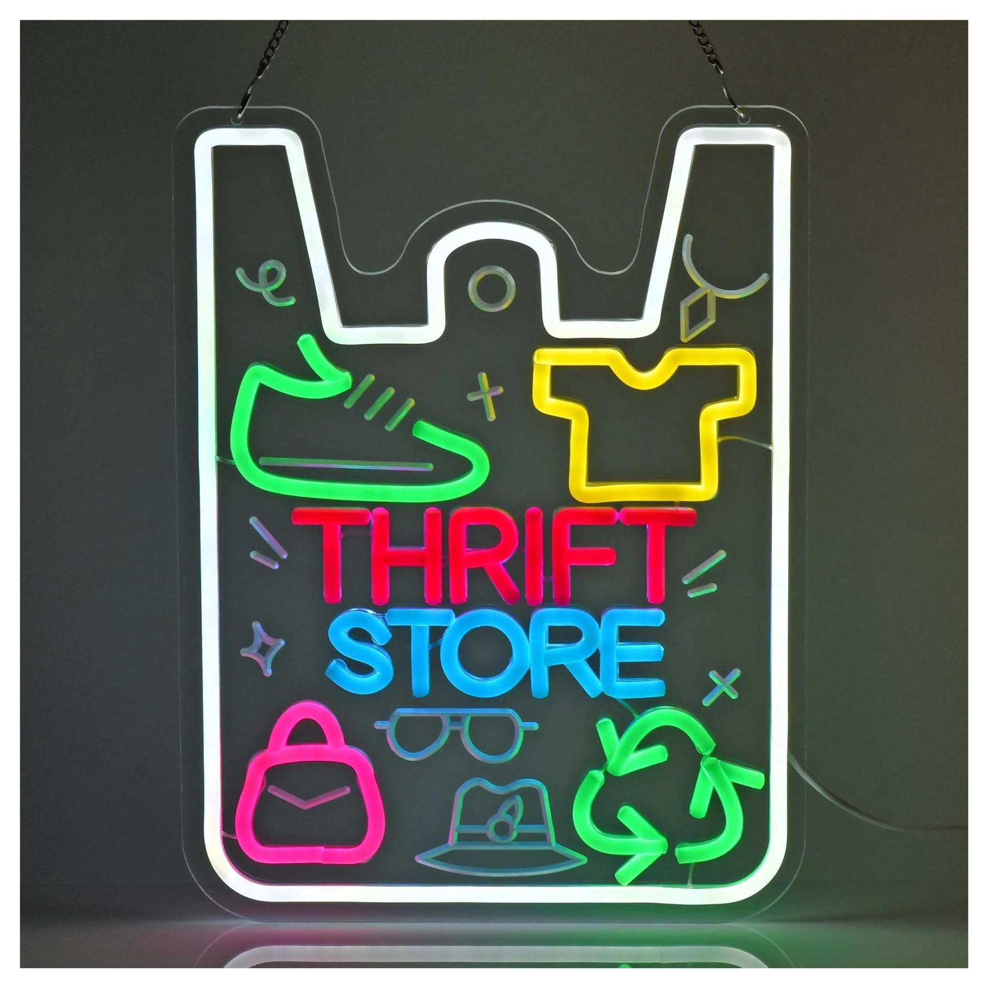 XENITE Hanging Art Neon Signs Thrift Store Neon Sign for Vintage Clothing Secondhand Market Charity Wall Decor Light Up Signs USB Powered Dimmable Lamp 29.3cmx39cm