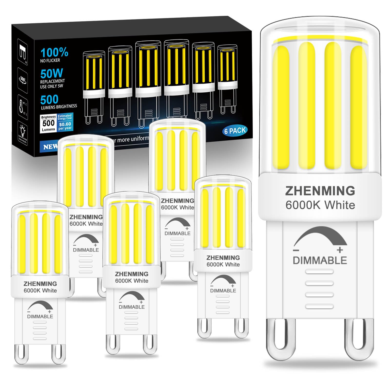ZHENMING G9 LED Bulb Dimmable,5W Replace 50W-60W Halogen Equivalent,6 Packs COB G9 LED Light Bulb Daylight White 6000K,500LM Chandelier Light Bulb,Ceramic G9 Bi Pin Base,CRI 85 120V 360° Beam Angle