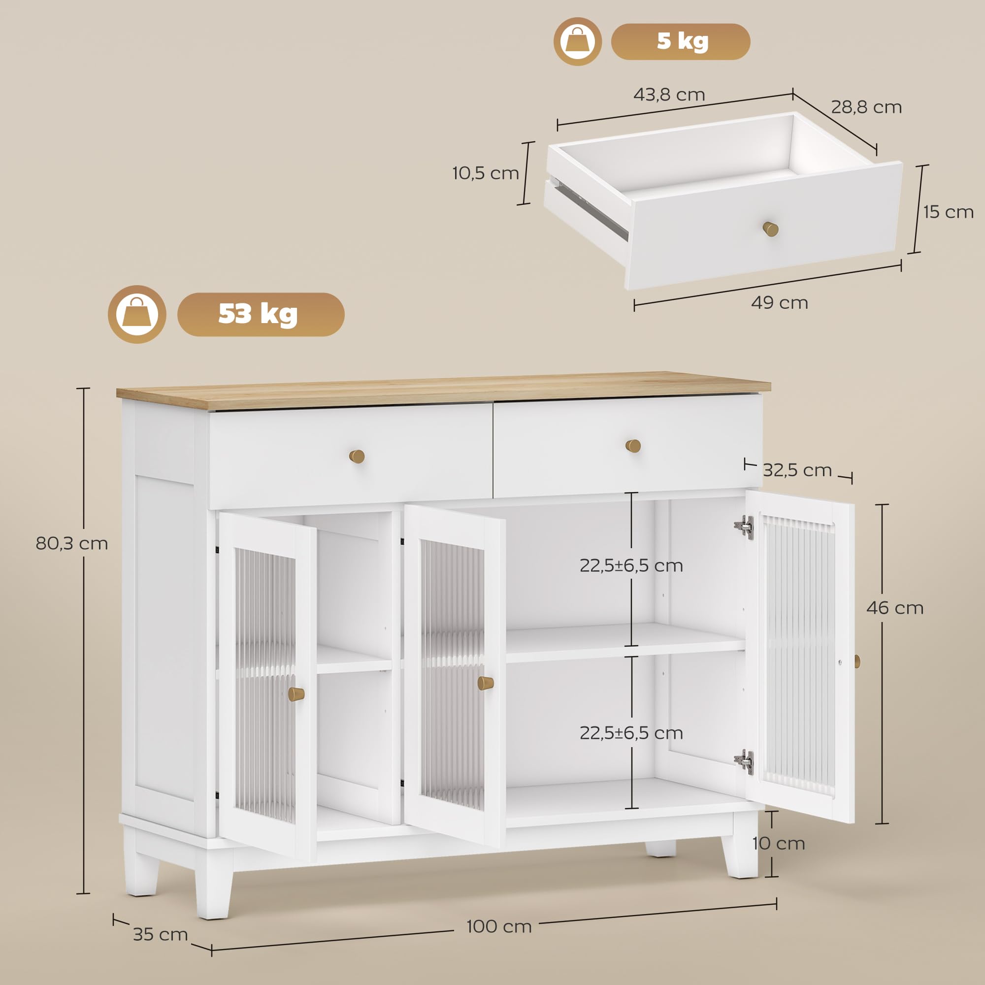 HOMCOM Aparador 3 Puertas Vidrio Estriado 2 Cajones 100x35x80,3 cm Blanco | Aparador para Salón Moderno, Estantes Ajustables, Comedor, Entrada