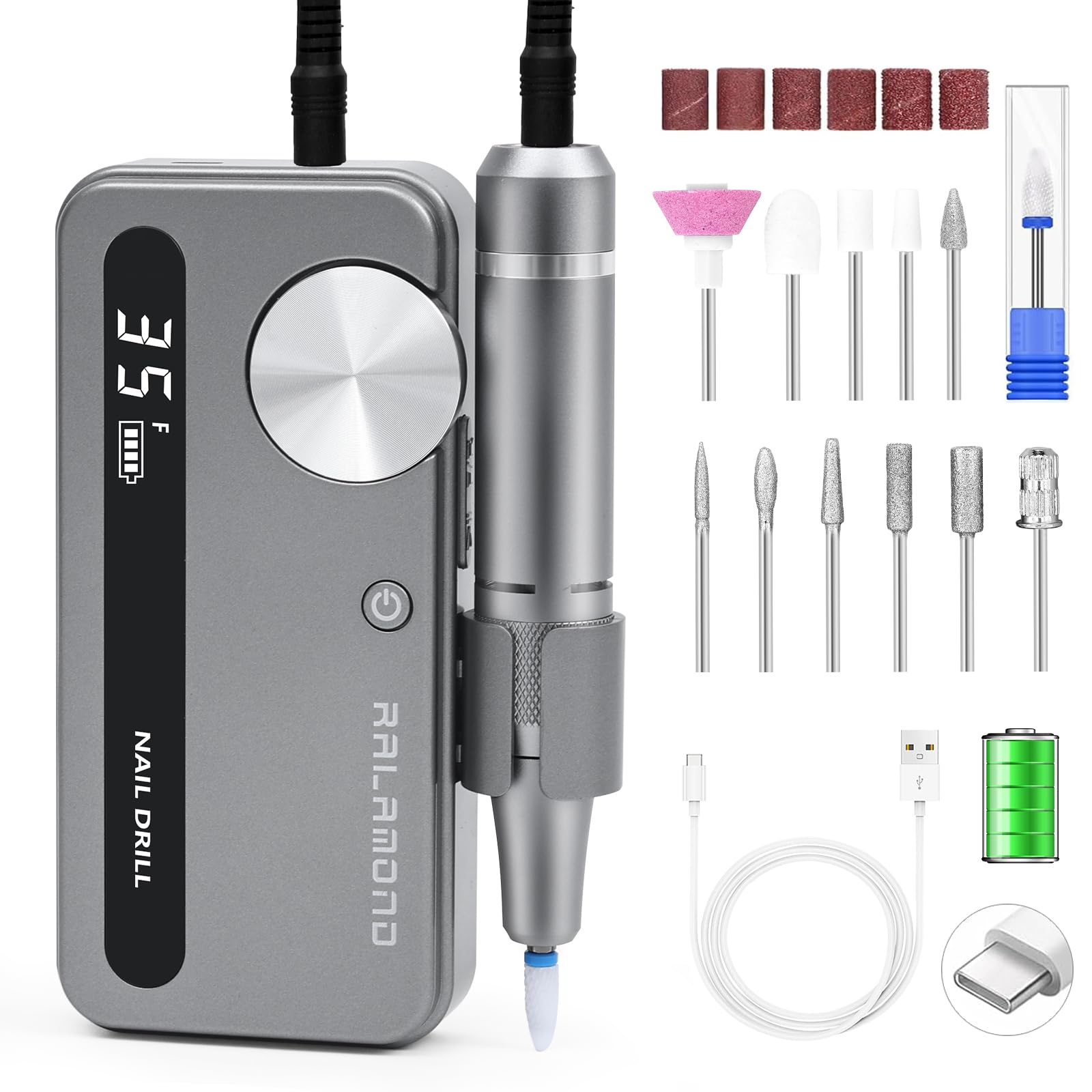 Ralamond Cordless Nail Drill - 35000 RPM Rechargeable Electric Nail File, Professional Kit with Adjustable Speed & Direction, Portable Manicure Tools for Salon & Home (Grey)