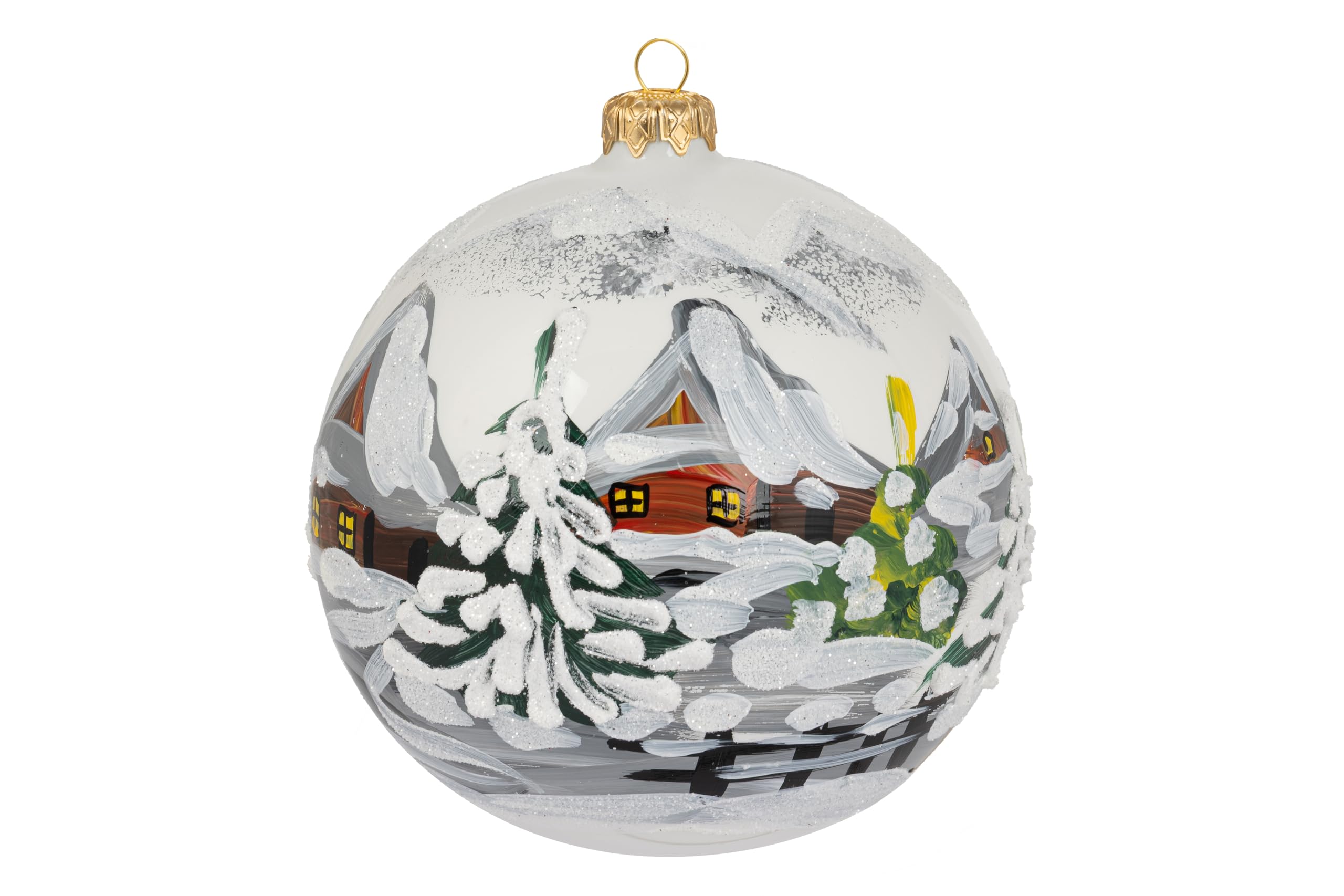 Adorno navideño, paisaje del campo, bola de cristal soplado 5" (blanco ópalo, 120mm)