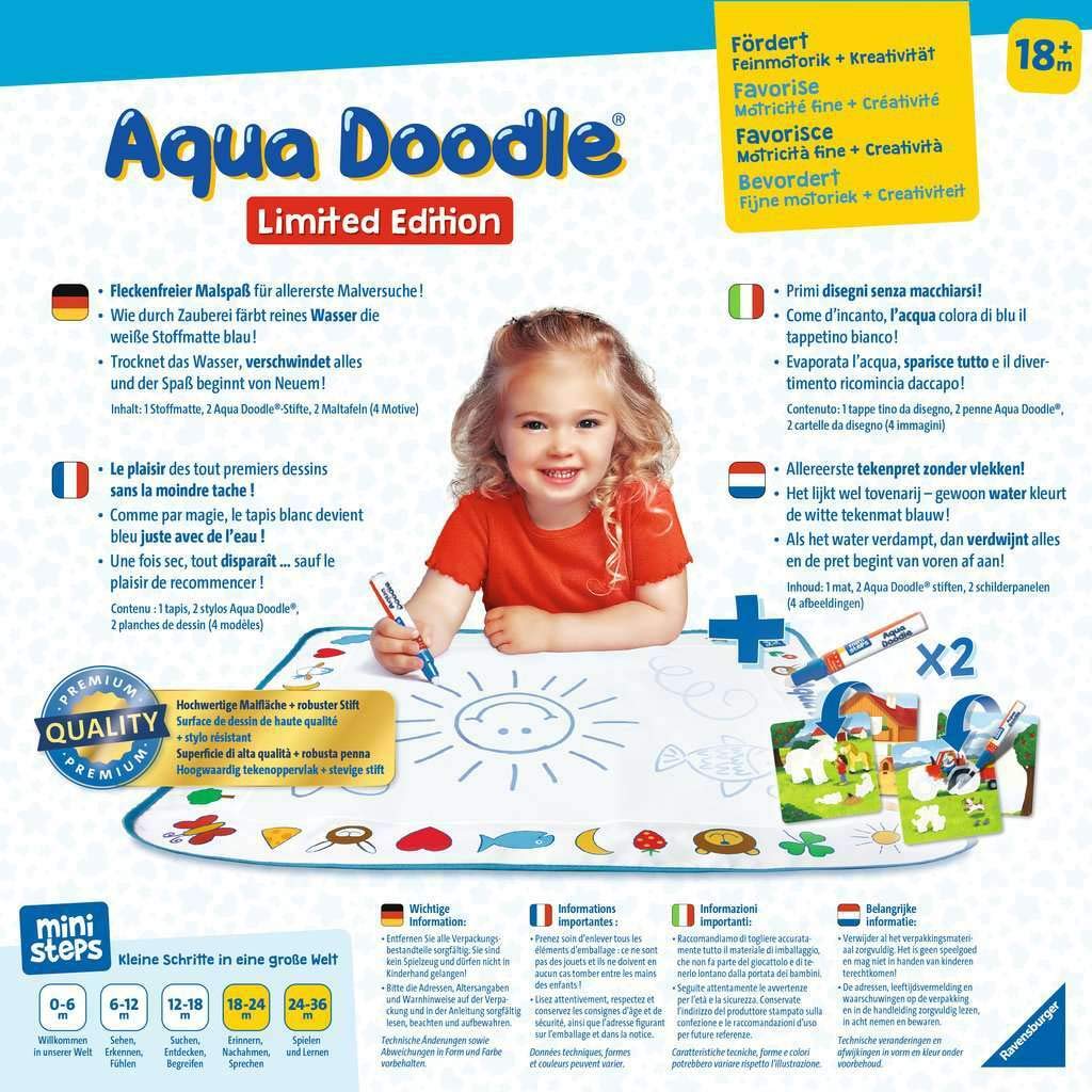 Ravensburger ministeps 4177 Aqua Doodle Limited Edition, Magische Malmatte zum Malen mit Wasser, ca 50 x 50 cm, Sonderausgabe mit 2 Stiften und 4 Ausmalbildern, Spielzeug ab 18 Monate