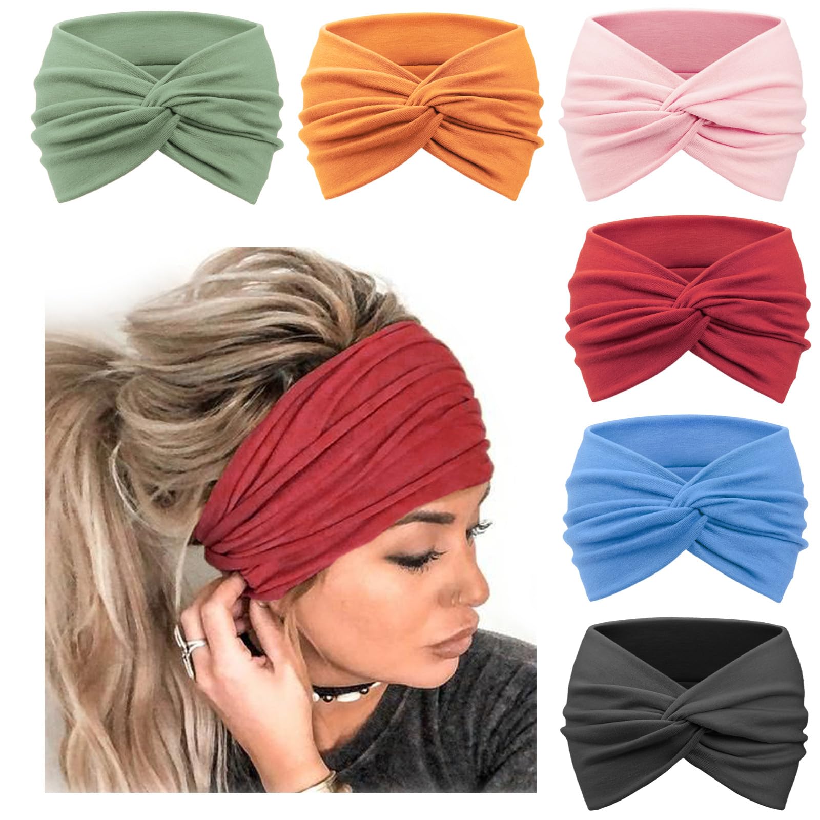 DRESHOW 6 Pack Wide Headbands for Women Extra Large Turban Headband Boho Head Wrap Elastic Hairbands Hair Twisted Knot Hair Accessories