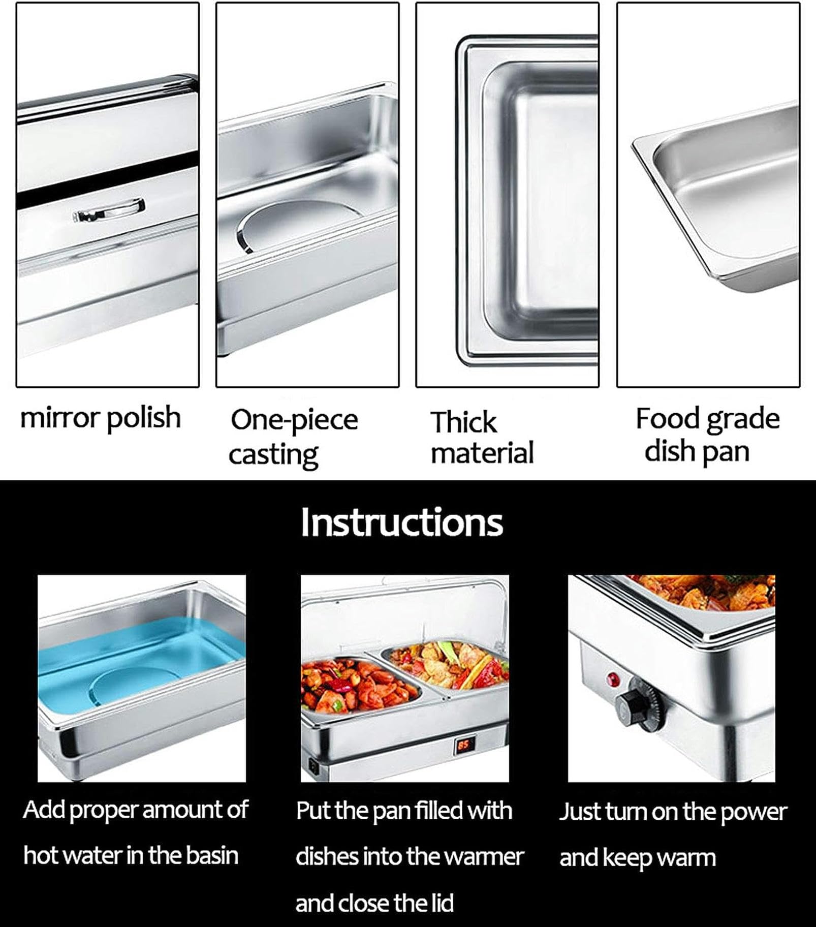 Scaldavivande Elettrico Acciaio Inox, Chafing Dish, Contenitore Termico Scalda Cibo Chafing Dish da Tavolo Elettrico per Mantiene in Caldo i Cibi del Buffet