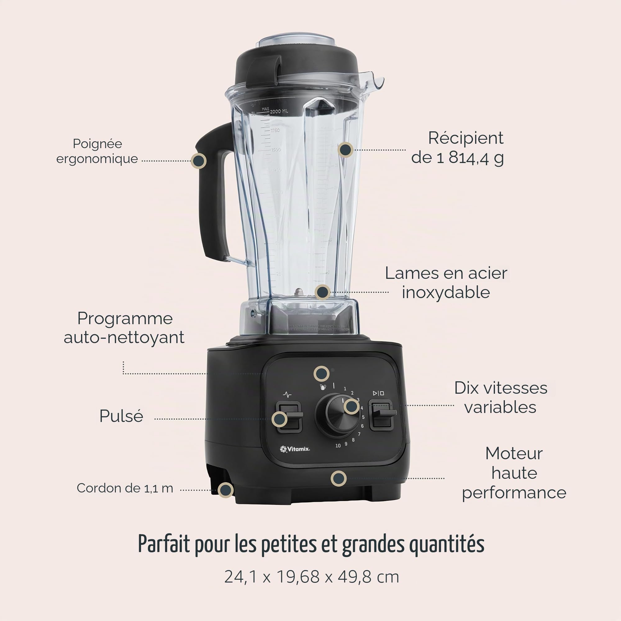 Vitamix VX1 Blender de cuisine de qualité professionnelle pour smoothies, soupes, jus et plus encore, 10 vitesses, lames en acier inoxydable, appareil de cuisine autonettoyant, récipient classique de
