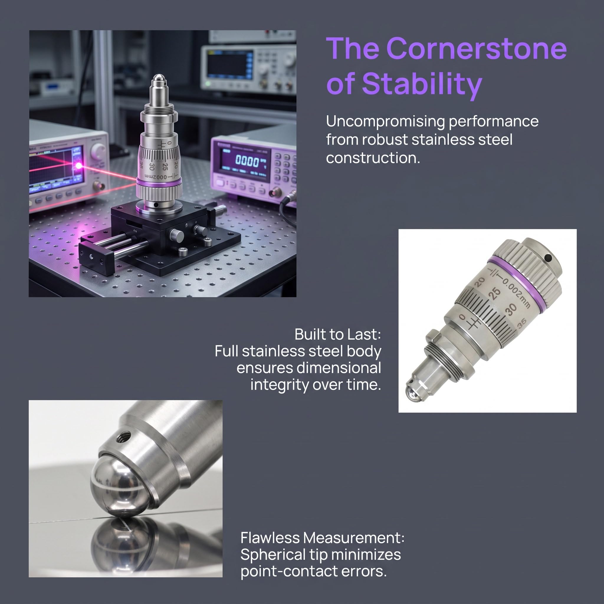 Strumento di Misura con Testa Micrometrica, Testa di Regolazione Micrometrica in Acciaio Inossidabile, Corsa di 6,5 Mm, Risoluzione di 0,002/0,004 Mm, per Strumenti Ottici, 0.004mm