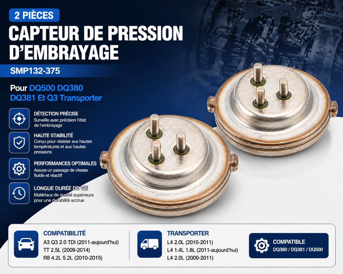 Capteur de Pression d'Embrayage SMP132-375 2 Pièces Compatible avec Audi A3 Q3 TT R8 et Transporter DQ380 DQ381 DQ500 Transmission Boîte de Vitesses Haute Précision