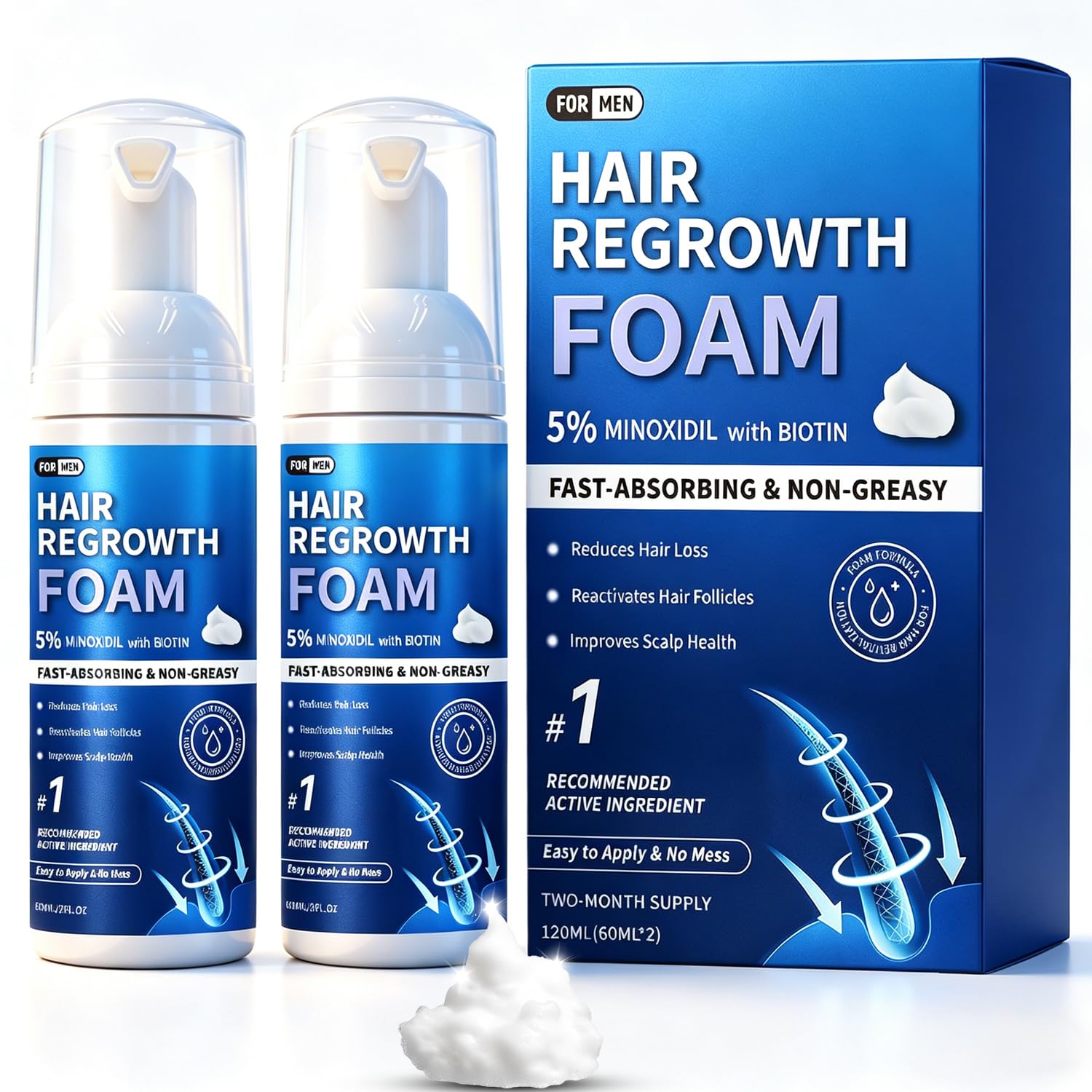 5% Minoxidil Foam: Hair Regrowth Treatment - 2 Months Supply Unscented Mousse for Men and Women, 120ml (2x60ml) Non-Greasy Formula for Thinning Hair, Receding Hairline & Beard Growth Blue