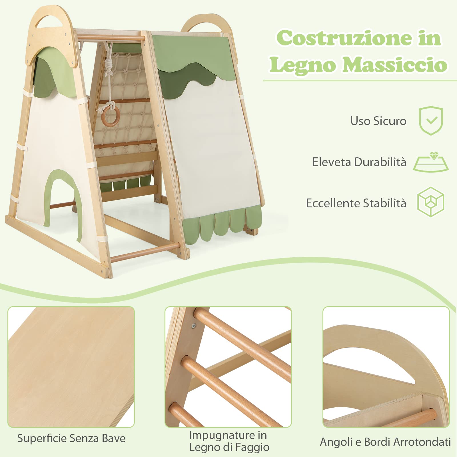 COSTWAY 6 in 1 Parco Giochi per Bambini, Set Arrampicata in Legno con Scivolo, Anelli da Ginnastica, Rete da Arrampicata, Palestra da Interno per Bambini (Naturale)