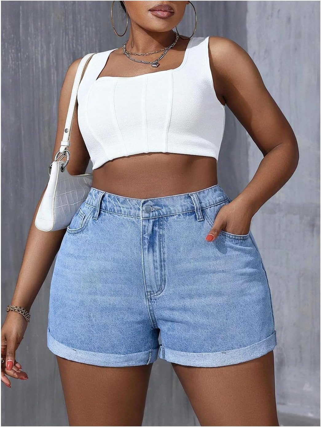 WDIRARA Women's Plus Size Denim Shorts High Waisted Roll Up Hem Jean Shorts - Image 5
