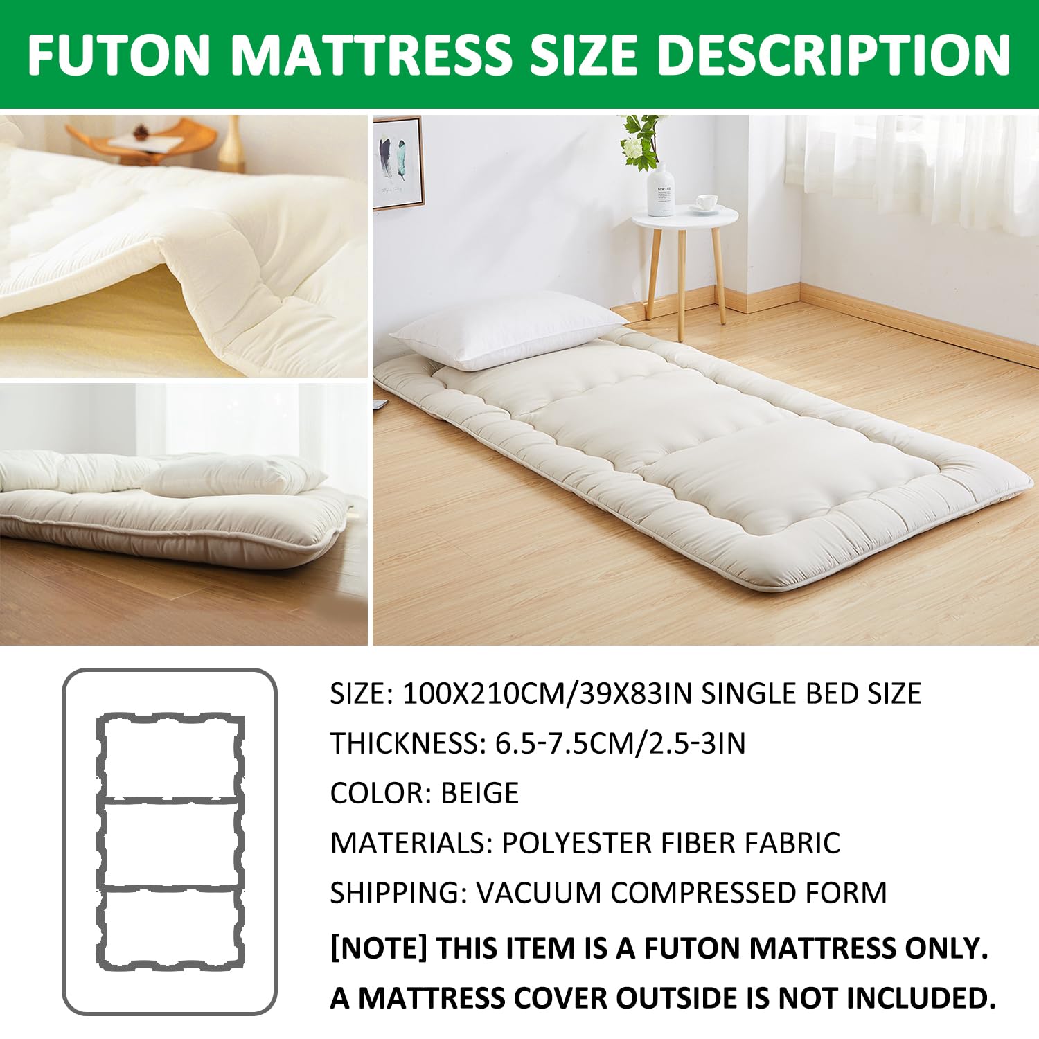 Materasso Tatami Giapponese Pieghevole 5 Cm - Singolo 80x190 Cm, Morbido, Portatile Per Casa E Campeggio
