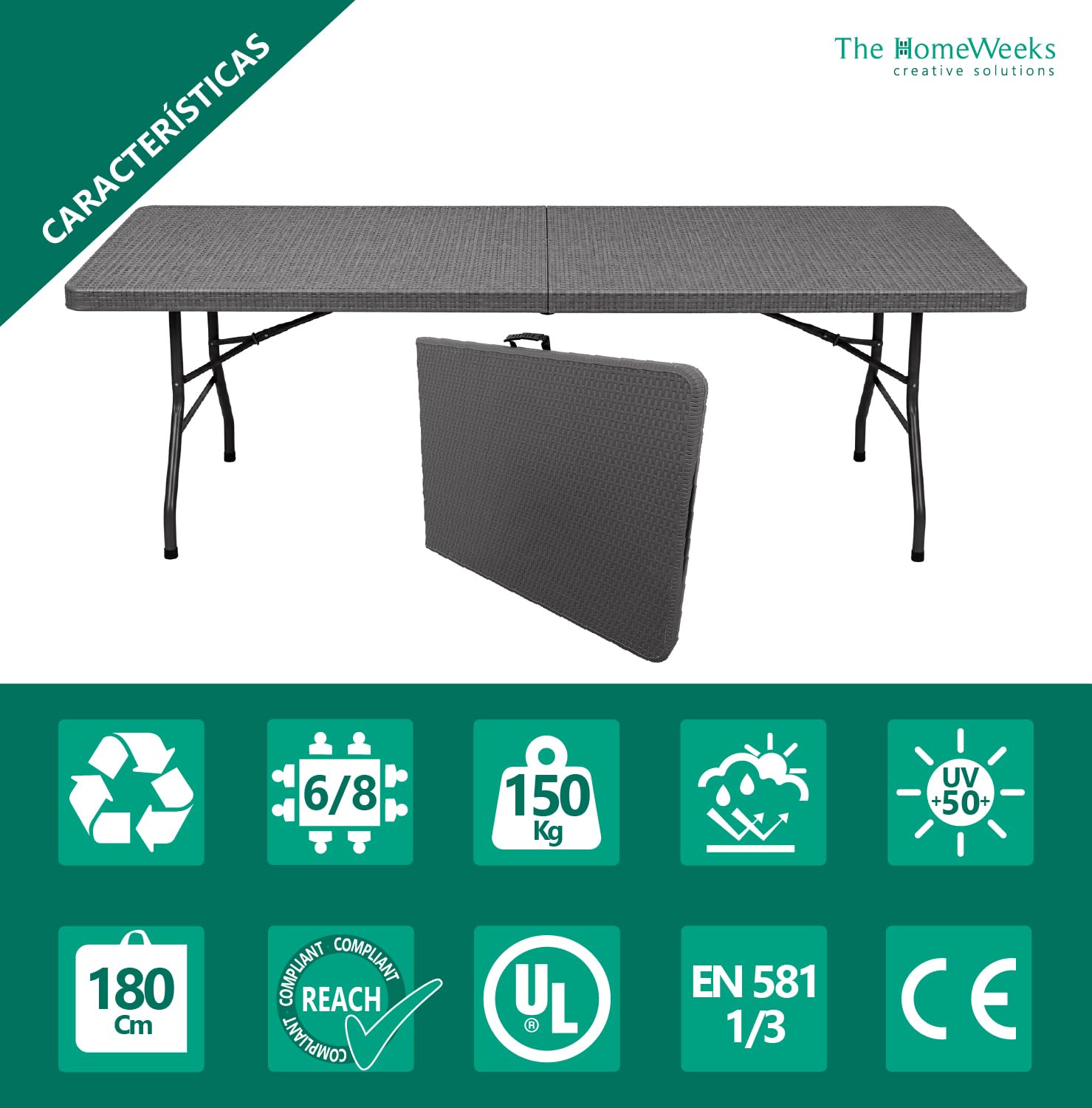 The Homeweeks Mesa Plegable Solid Efecto Ratan Gris Antracita 180cm | portátil | Normativa Uso público | Tablero Resina HDPE 3,5cm | Capacidad 6/8 Personas | Carga 150 kg.