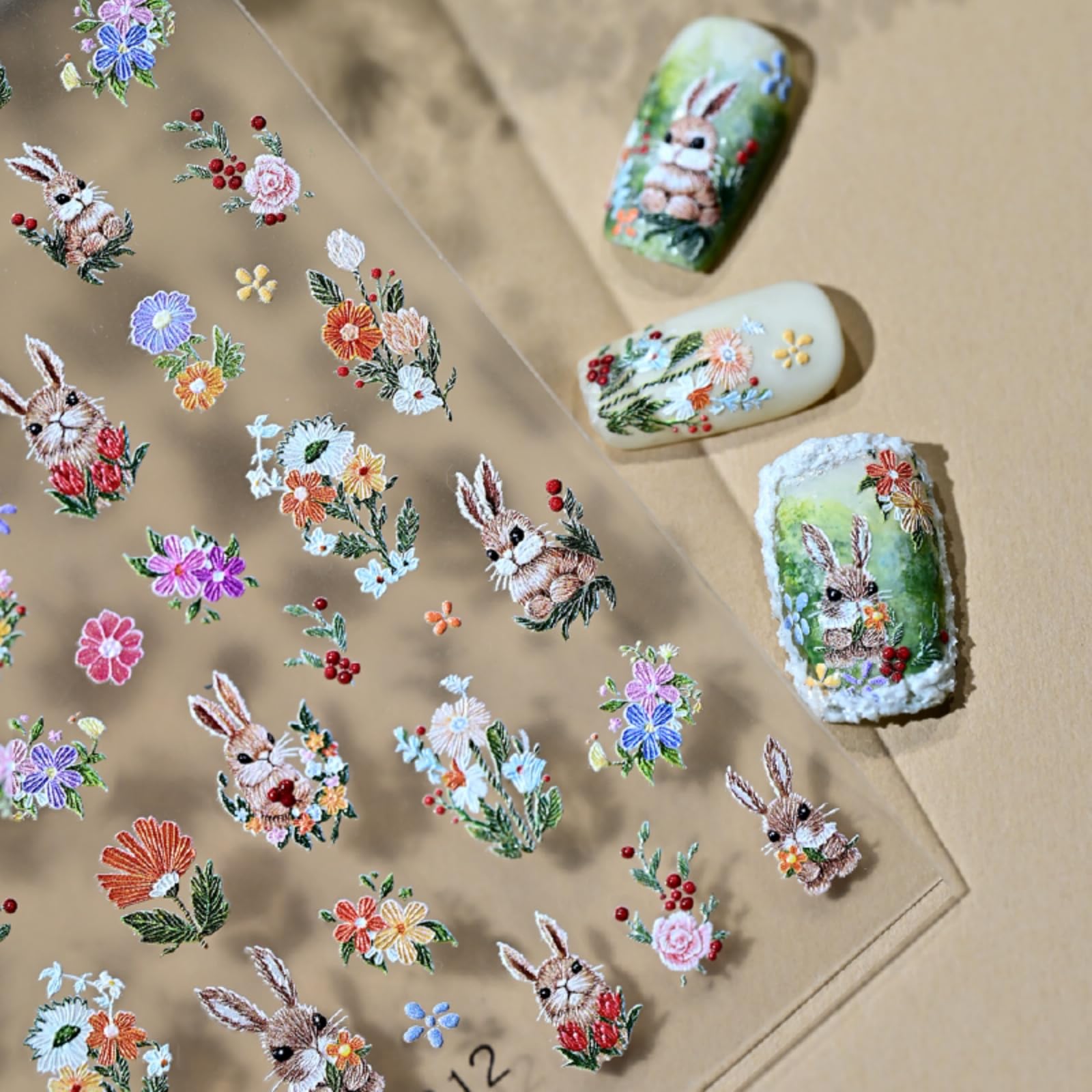 Rabbit Nail Stickers for Nail Art Flower Nails Decals 5D Embossed with Design Self Adhesive Nails Charms for Women Cute DIY Decoration Accessories Supplies