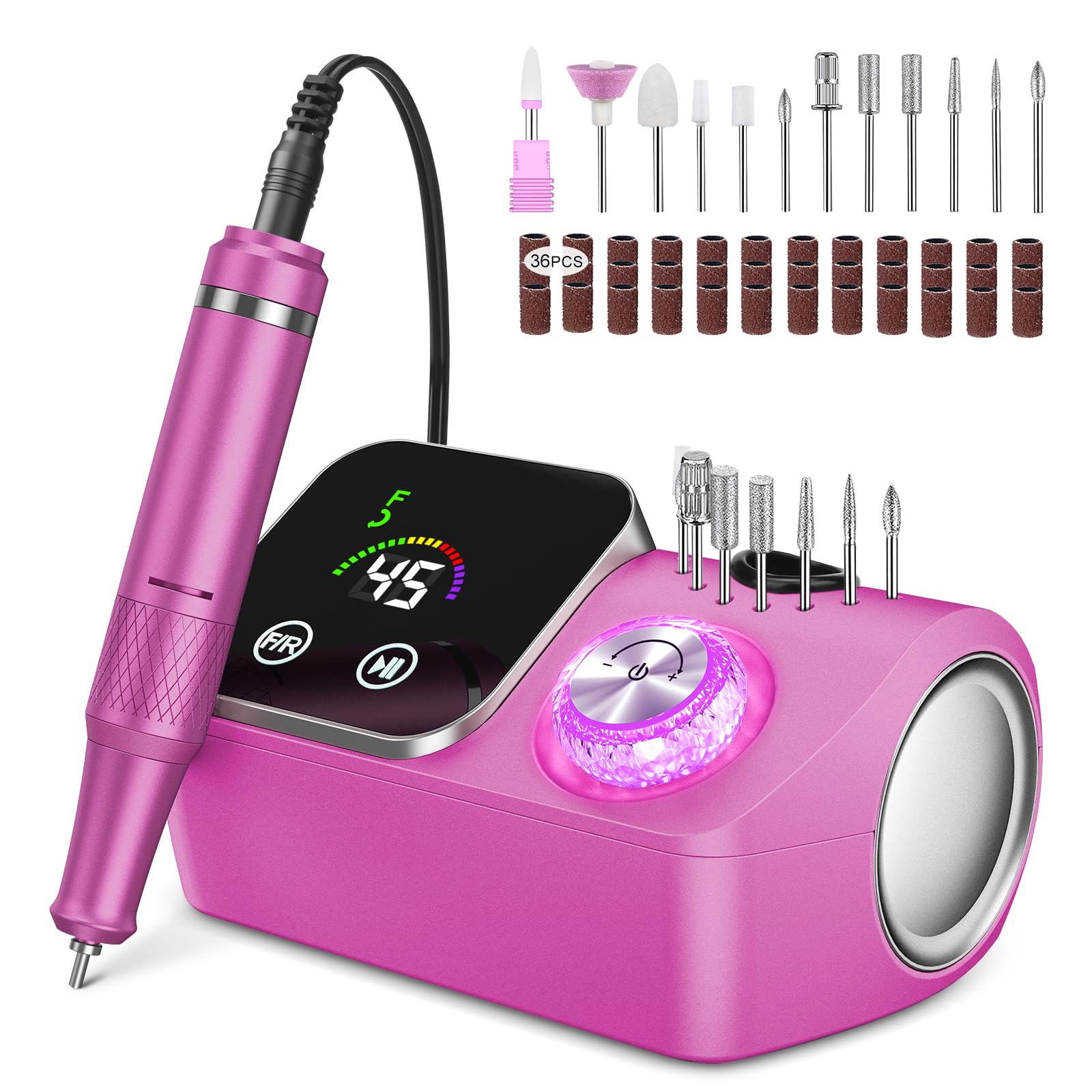 Urbuti Fresa per Unghie Professionale 45000 giri,12 testine di levigatura,Display LCD touch control,Manopola in cristallo,Lima per unghie portatile per unghie in acrilico e gel (Rosa rossa) - 1