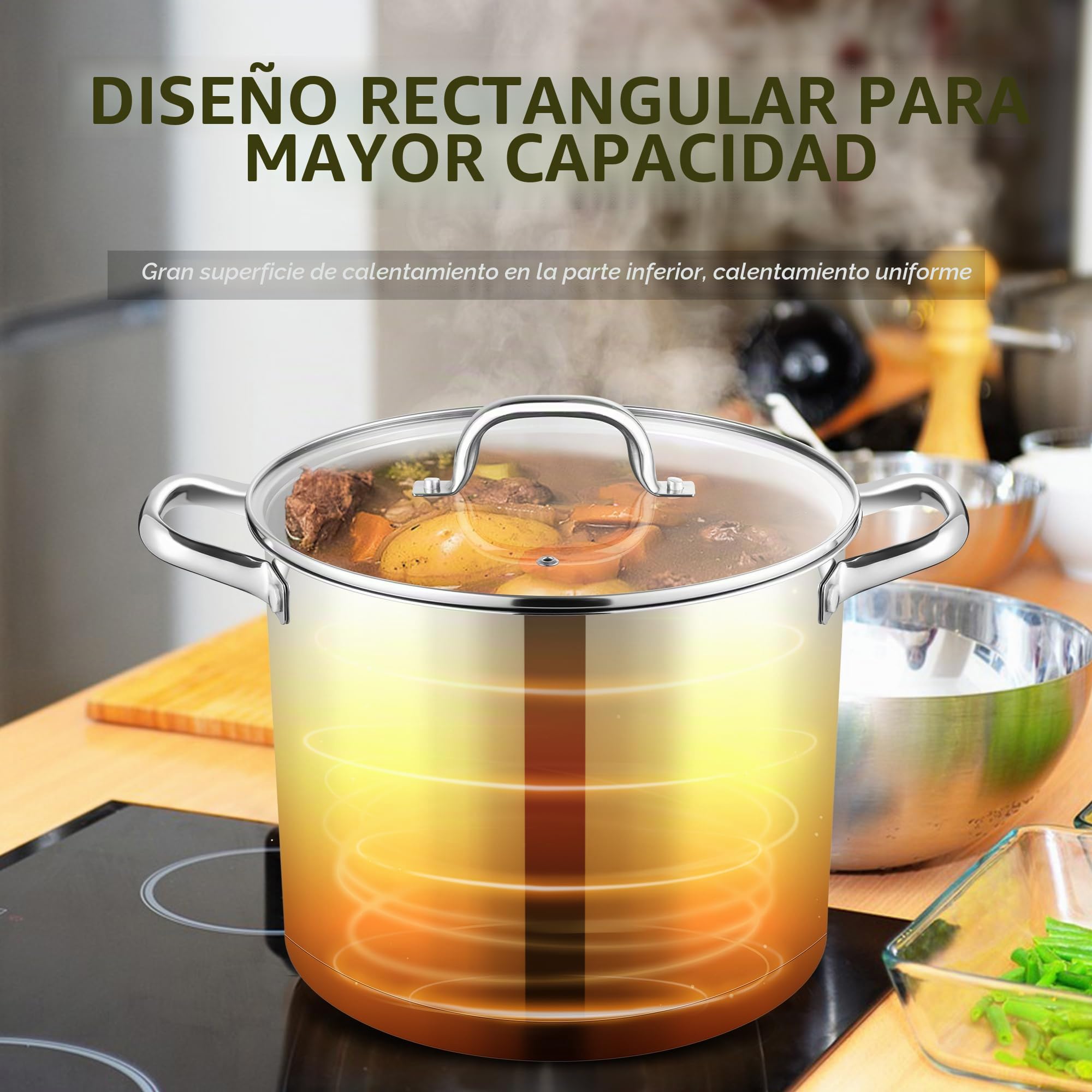 Joyfair Olla grande de acero inoxidable de 9,5 litros, para inducción con tapa de cristal, 3 capas, base estable, para todo tipo de cocinas, olla para pasta de para cocinar, grandes