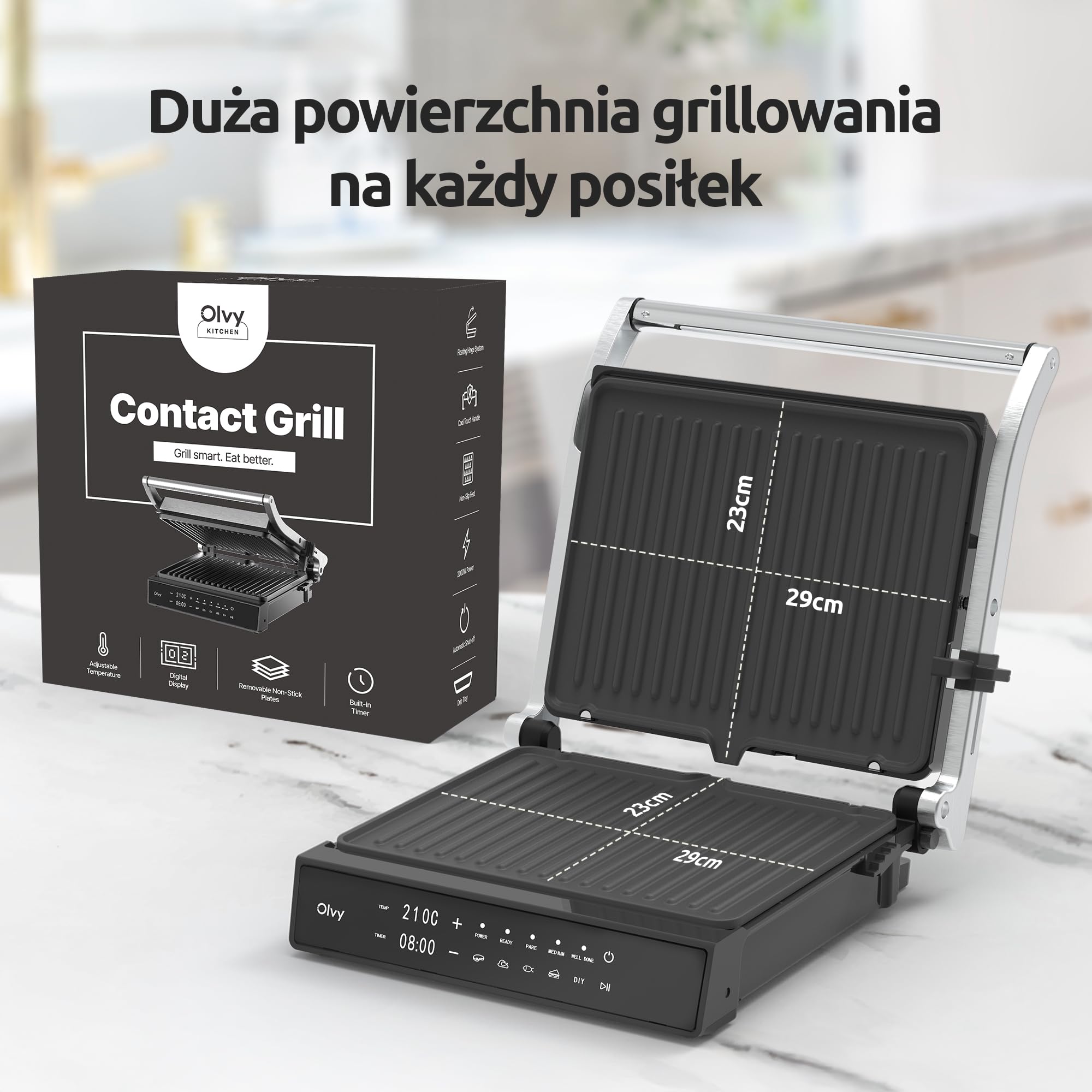 Olvy Grill kontaktowy z ekranem dotykowym, bez PFAS, 5 automatycznych programów, otwór 180°, 2000 W, zdejmowane płyty nieprzywierające, termostat i timer – panini, kanapka, stek i warzywa