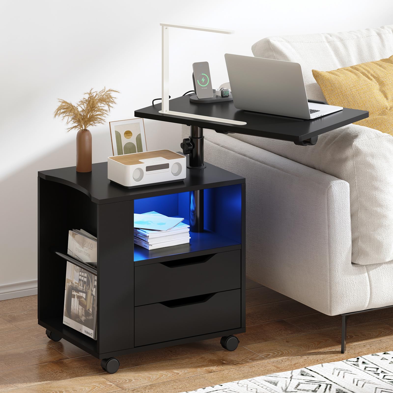 sogesfurniture LED Nightstand with USB & Type-C Ports, Swivel Top Bedside Table with Drawers and Open Storage Space, Height Adjustable Side Table with