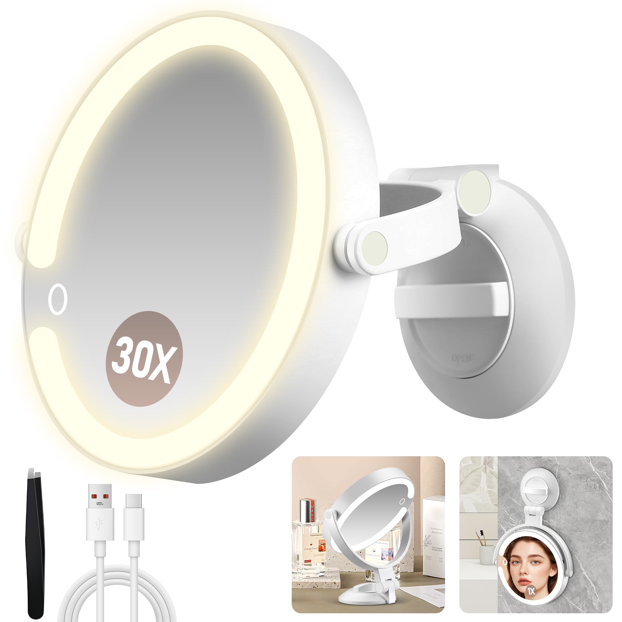 MOMOKUBA Miroir grossissant avec ventouse, double face avec éclairage, 3 modes, 30 compartiments