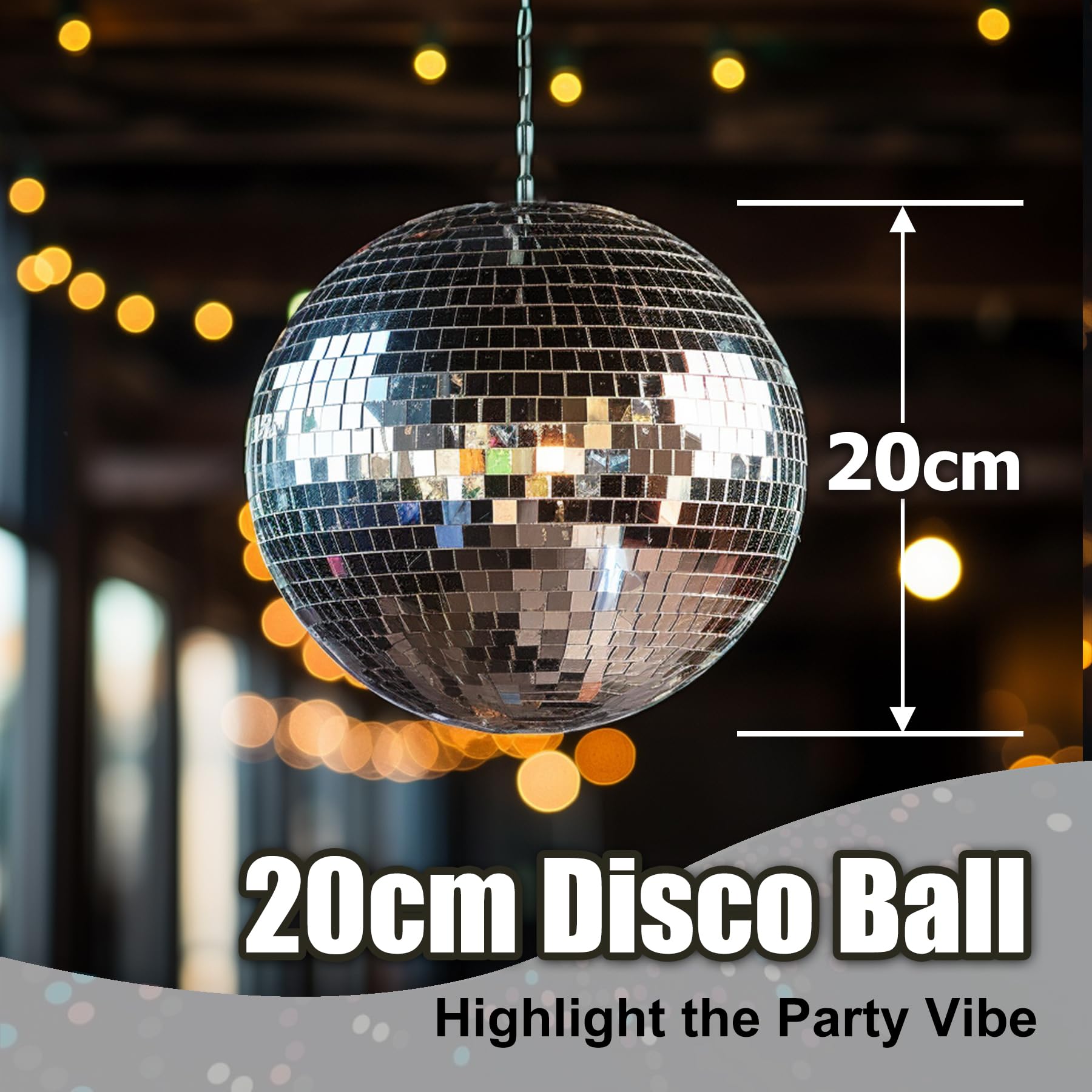 Boule à Facettes Disco 20 cm avec chaîne d'extension et crochet de suspension - Décoration Scintillante pour Fêtes et Événements, Argent