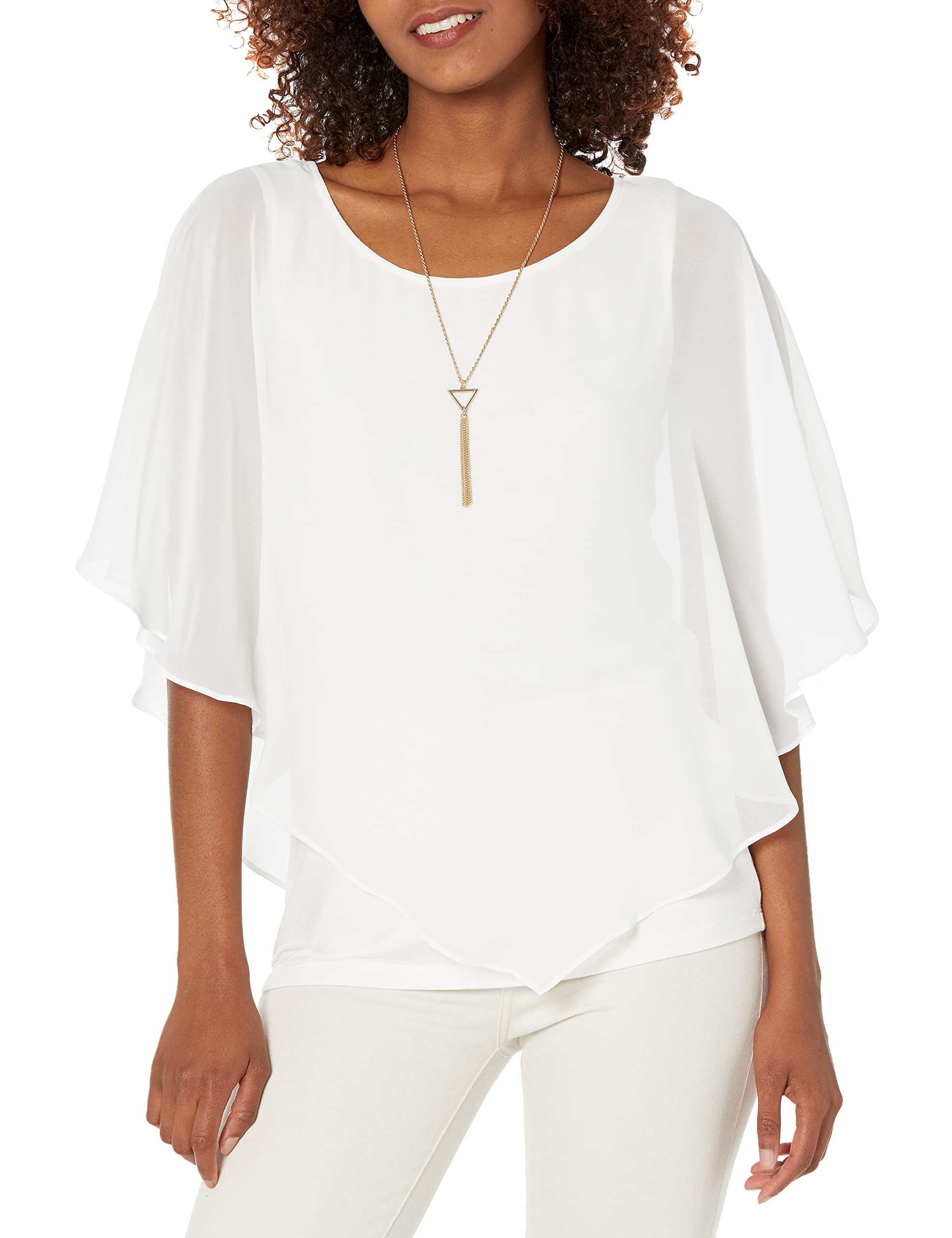 AGB Women's Plus Size V Front Popover Top with Necklace