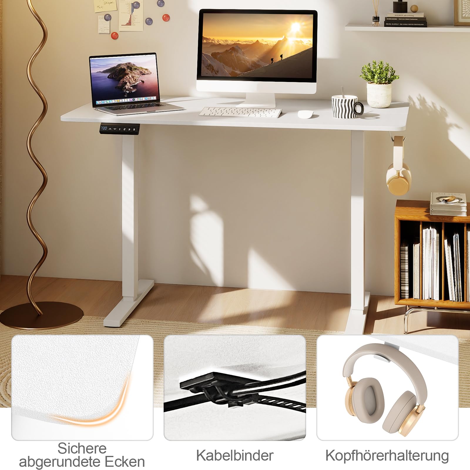 COSTWAY Höhenverstellbarer Schreibtisch 120 x 60 cm, elektrischer Stehschreibtisch mit Haken & Kabelmanagement, Steh-Sitz Tisch mit Memory Funktion & Kollisionschutz, Computertisch (Weiß)