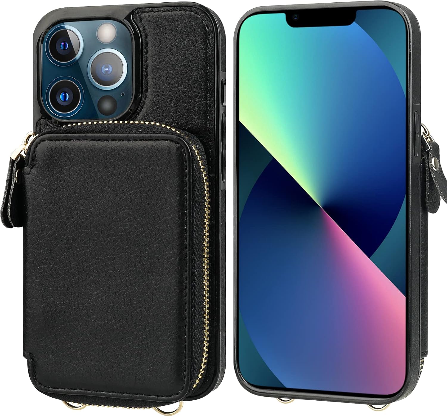 Bocasal RFID Blocking Wallet Case for iPhone 13 Pro, Adjustable Crossbody Zipper Purse Case Card Holder with Kickstand Detachable Wrist Strap, PU Leather Flip Folio Case 6.1 Inch 5G (Black) - Image 3