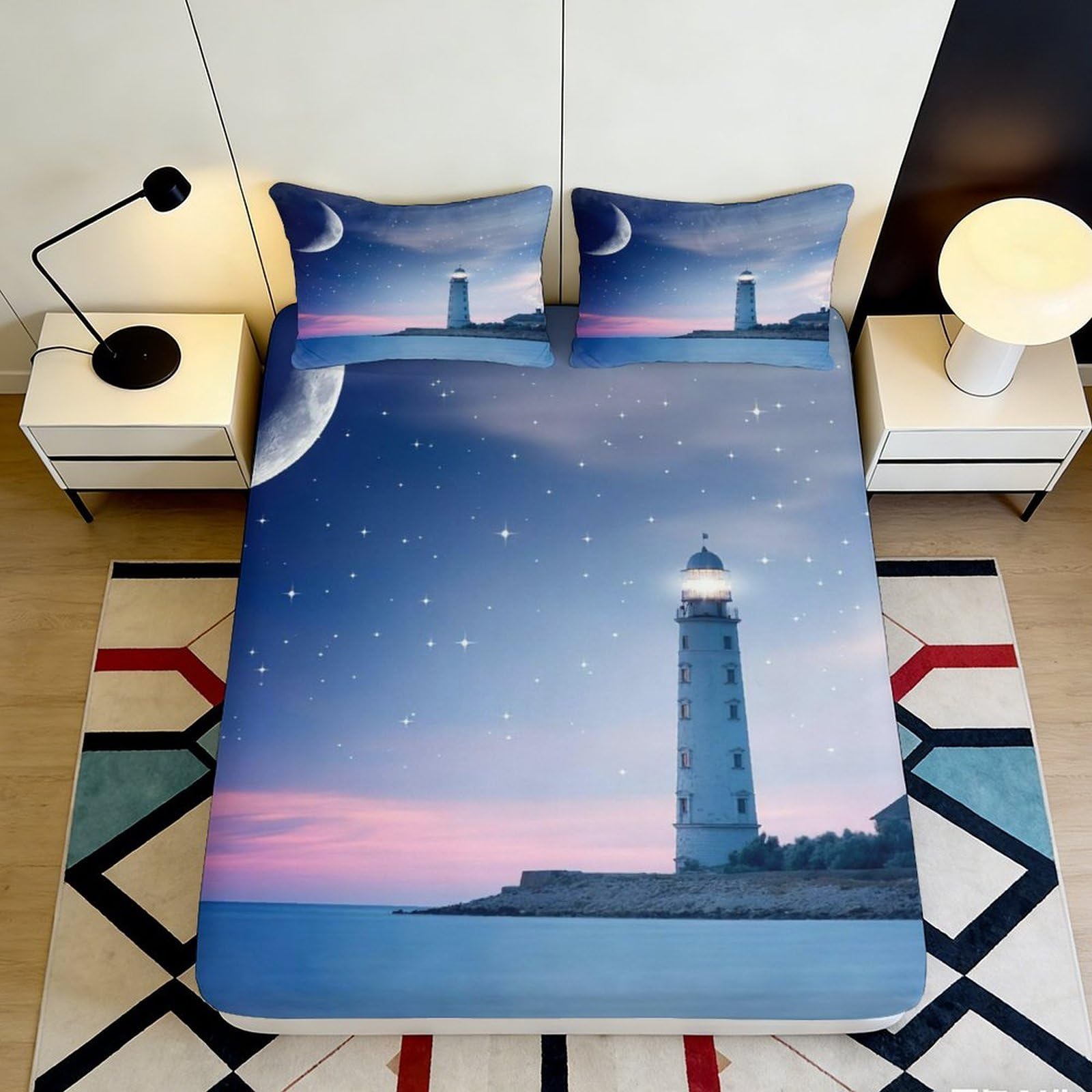 3D Printed Lighthouse Starry Sky Fitted Sheet Microfiber Soft Breathable Cosmic Nebula Mattress Cover for Bedroom Dormitory Guest Room Mattress Protection 200x200x25cm