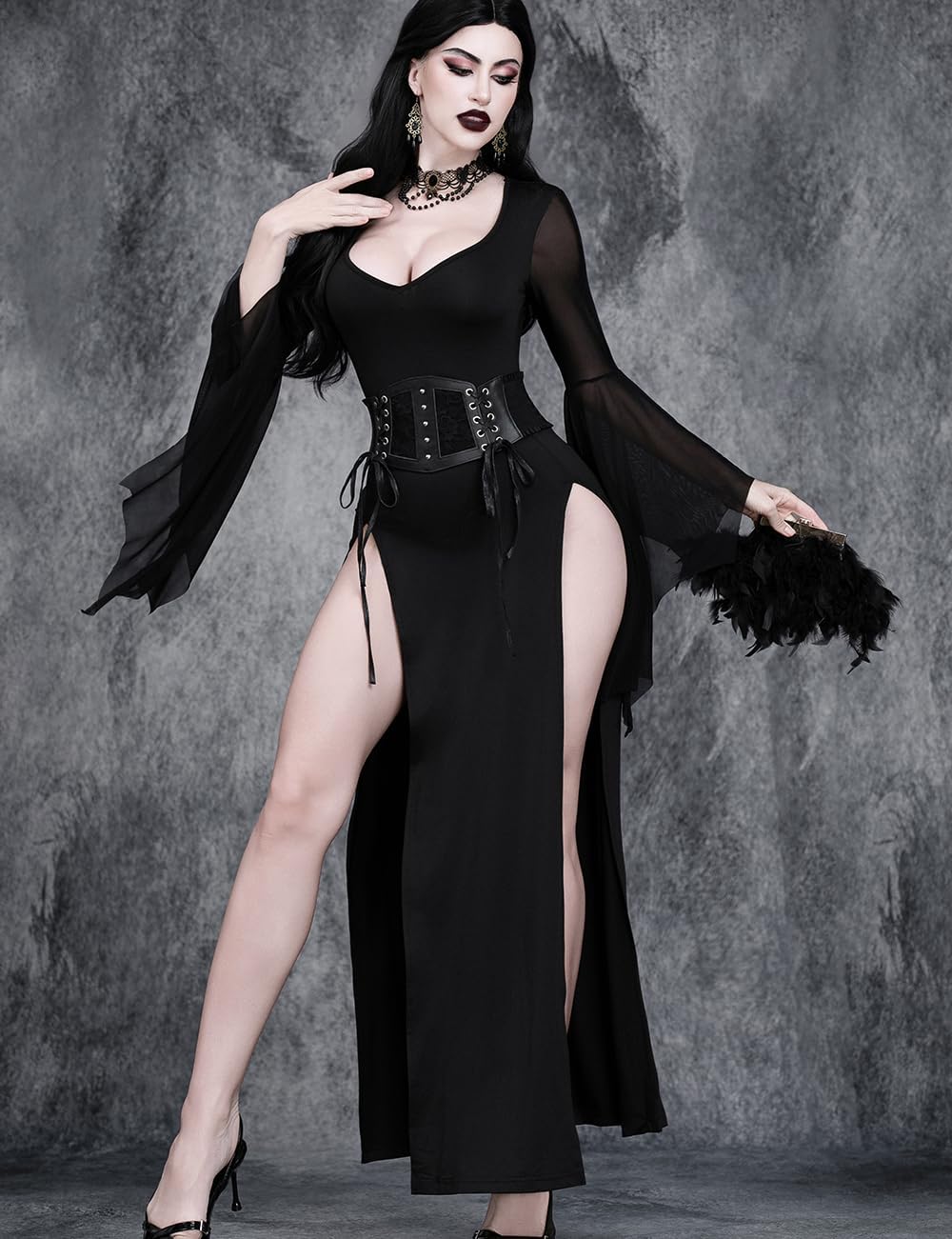 LANSHULAN Women Gothic Sexy V-Neck High Slit Mesh Bat Sleeve Halloween Goth Witch Dress Without Corset & Belt - Image 6