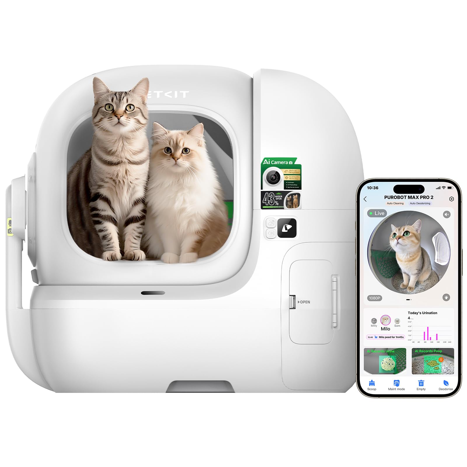 PETKIT 2025 Purobot Max Pro AI-Camera Self Cleaning Cat Litter Box, 210° Wide Angle Lens Night Vision Cat Facial Recognition Automatic Litter Box with 5G WiFi App Control Odor-Free