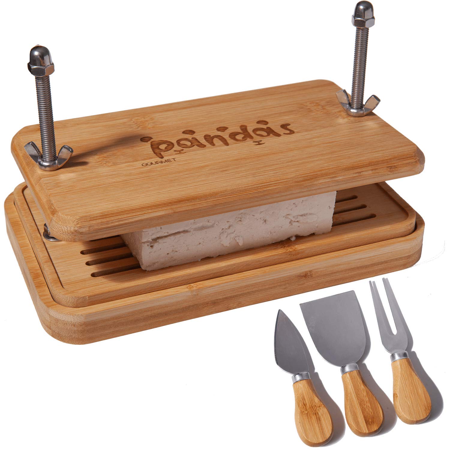 Gourmet Pandas Bamboo Tofu Press - Tofu Presser with 3 Cheese Knives for Free - Remove Water From Tofu with Bamboo Tofu Squeezer Perfect Design with Drip Tray Tofu Strainer and Stainless Steel Springs