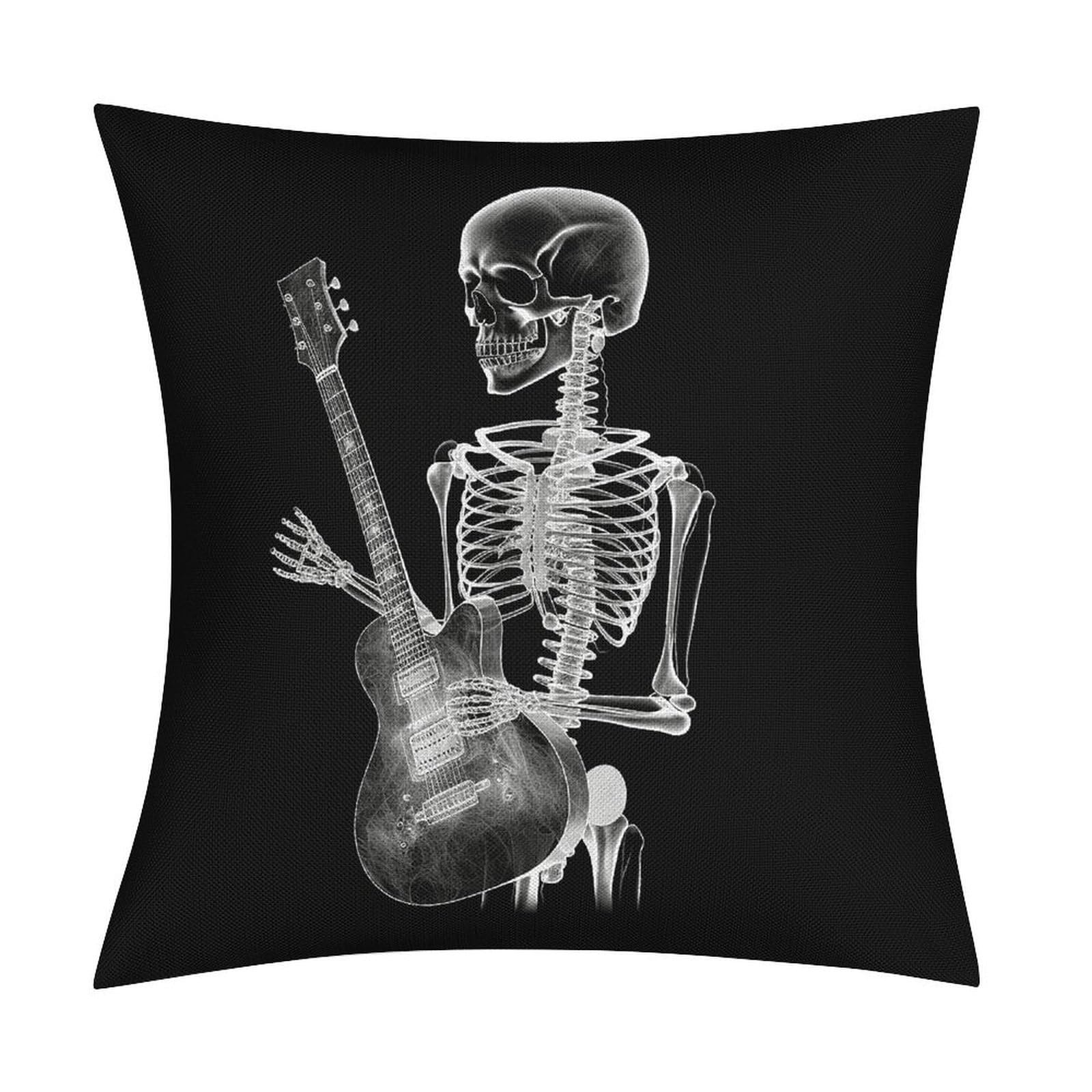 Abstract X-ray Skull Skeleton Playing Guitar Throw Pillow Cover Soft Square Cushion Case Farmhouse Cushion Cover Decorative Pillow Cover Modern Pillowcase for Sofa Living Room Bed Home Decor 18x18 Inc