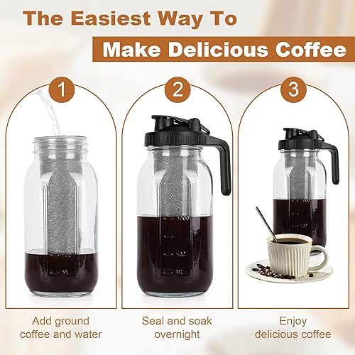 Miniatura 4 de QHH Cafetera de cerveza fría, jarra de tarro Mason de boca ancha de 64 onzas con filtro de acero inoxidable, tapa de mango de boquilla, jarra de